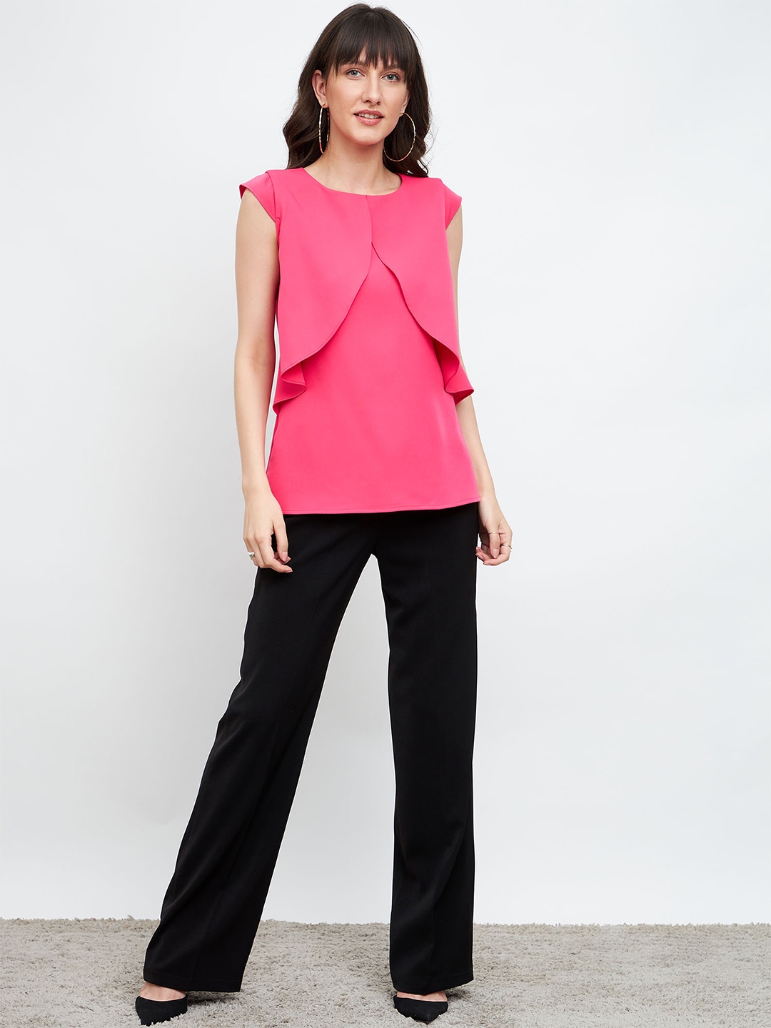 

SALT ATTIRE Round Neck Cap Sleeves Casual Top, Pink