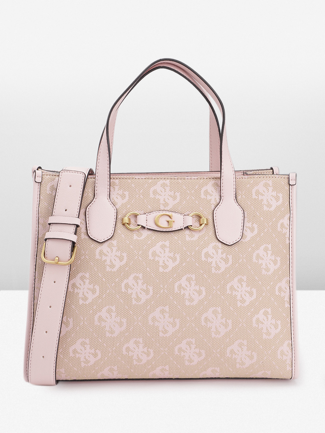 

GUESS Brand Logo Woven Design Structured Shoulder Bag with Two Handles, Beige
