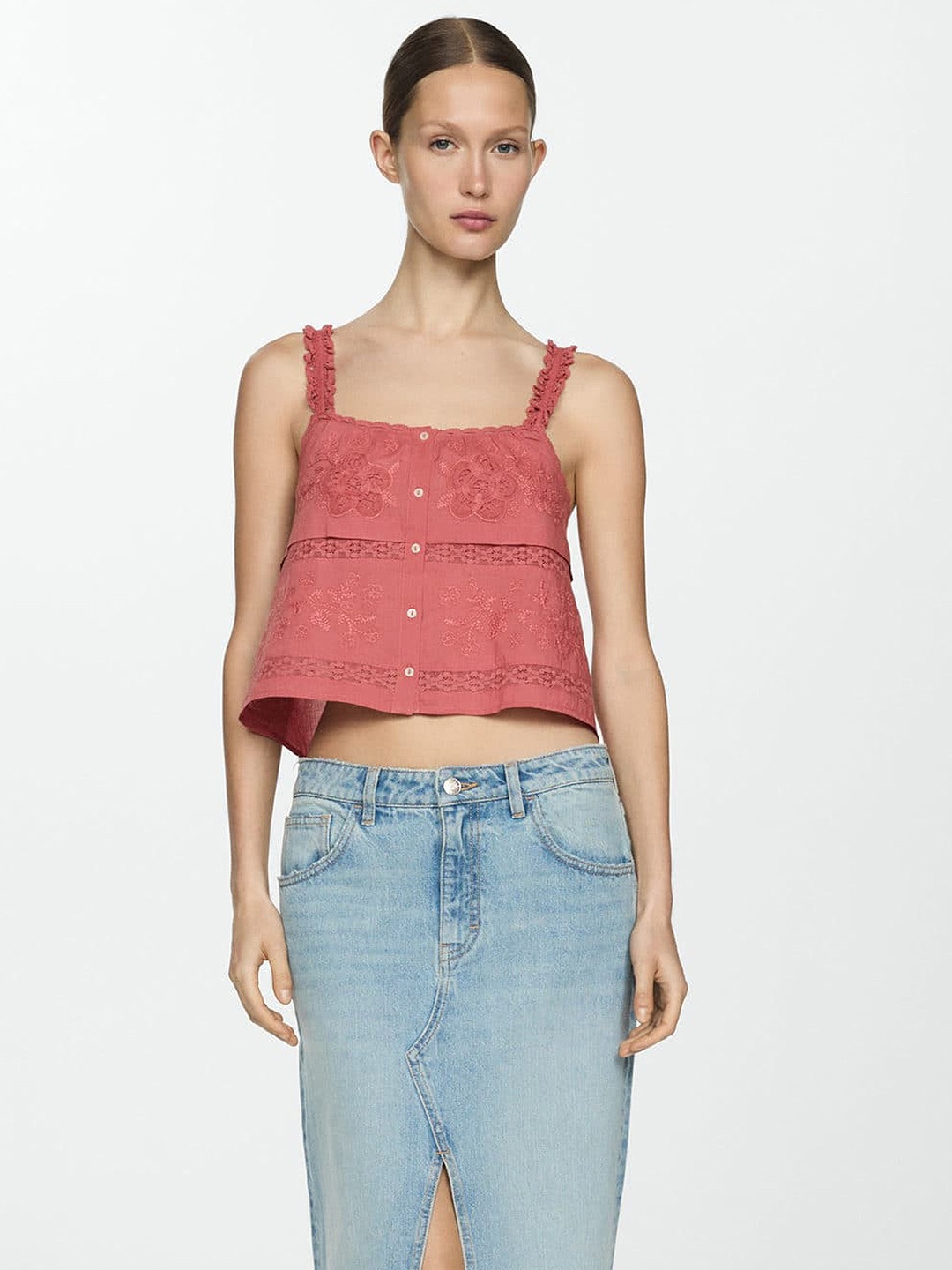 

MANGO Embroidered Cotton Crop Top, Rose