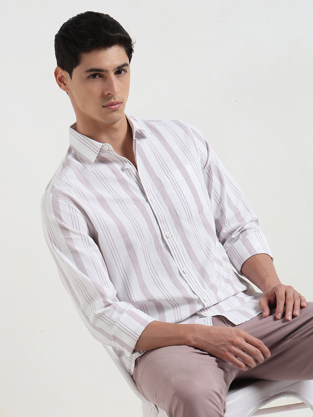 

R&B Striped Spread Collar Cotton Casual Shirt, Pink