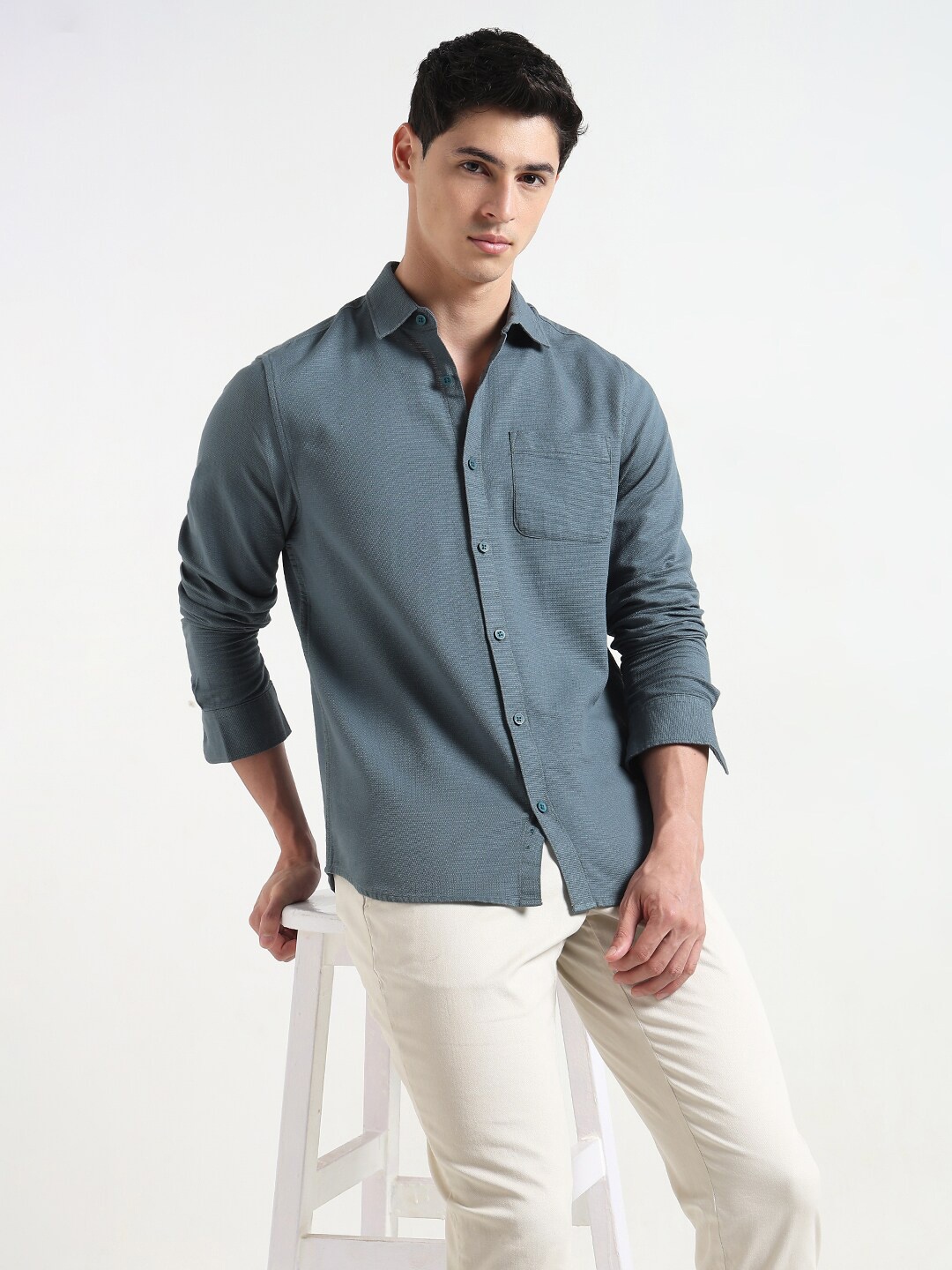 

R&B Self Design Spread Collar Cotton Casual Shirt, Blue