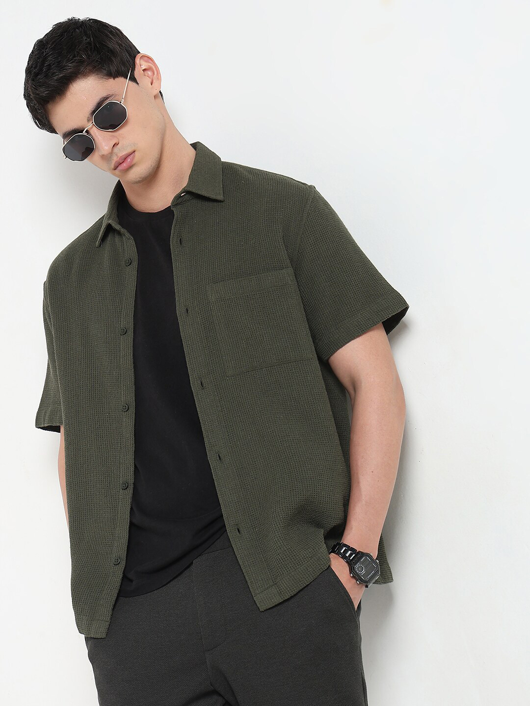 

R&B Self Design Spread Collar Cotton Relaxed Fit Shirt, Olive