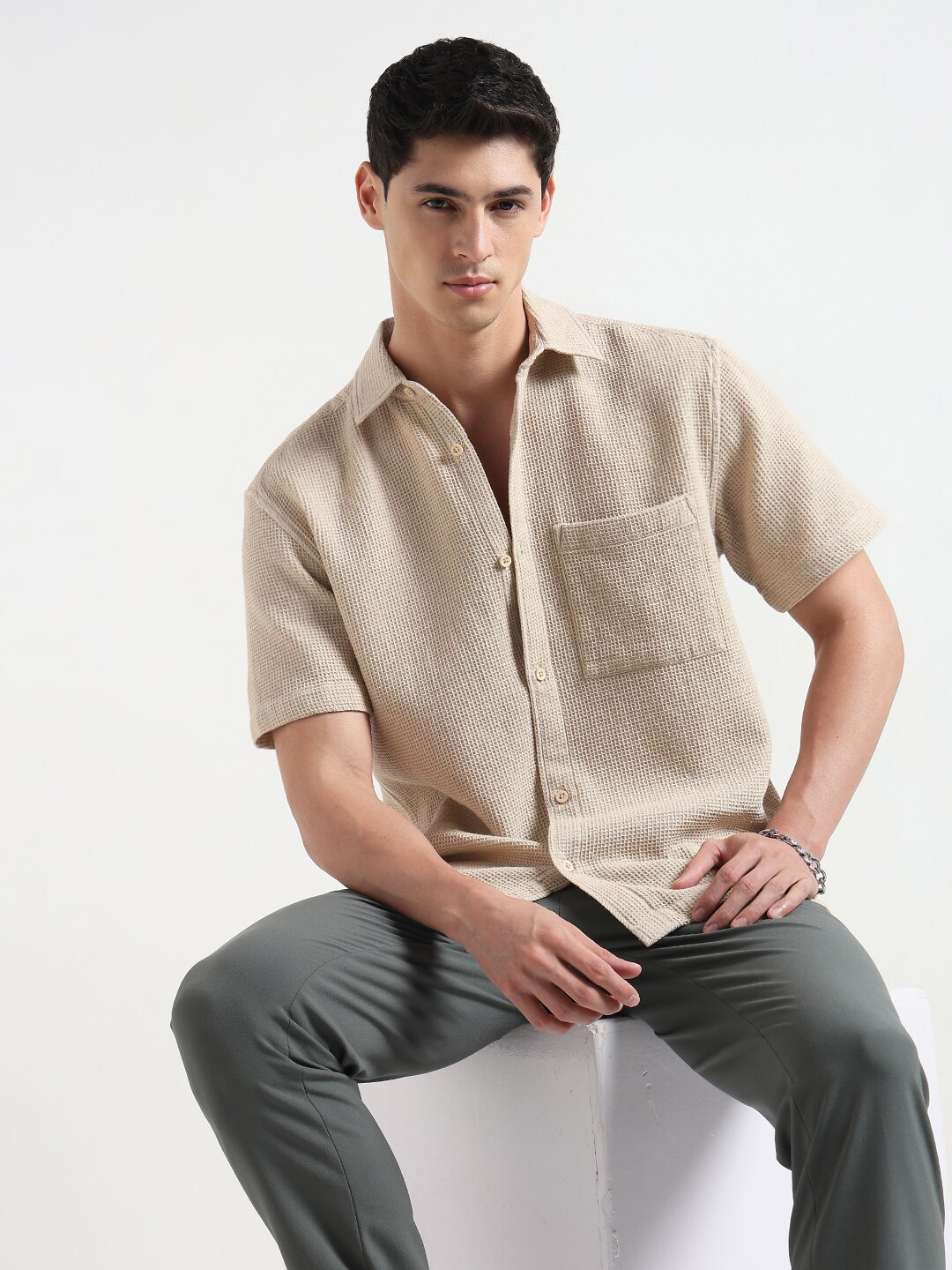 

R&B Self Design Spread Collar Cotton Casual Shirt, Beige
