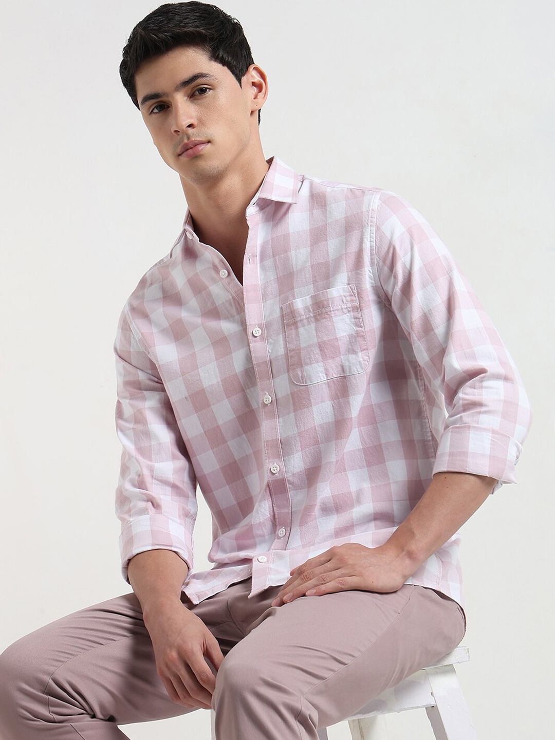 

R&B Buffalo Checks Cotton Cutaway Collar Casual Shirt, Pink