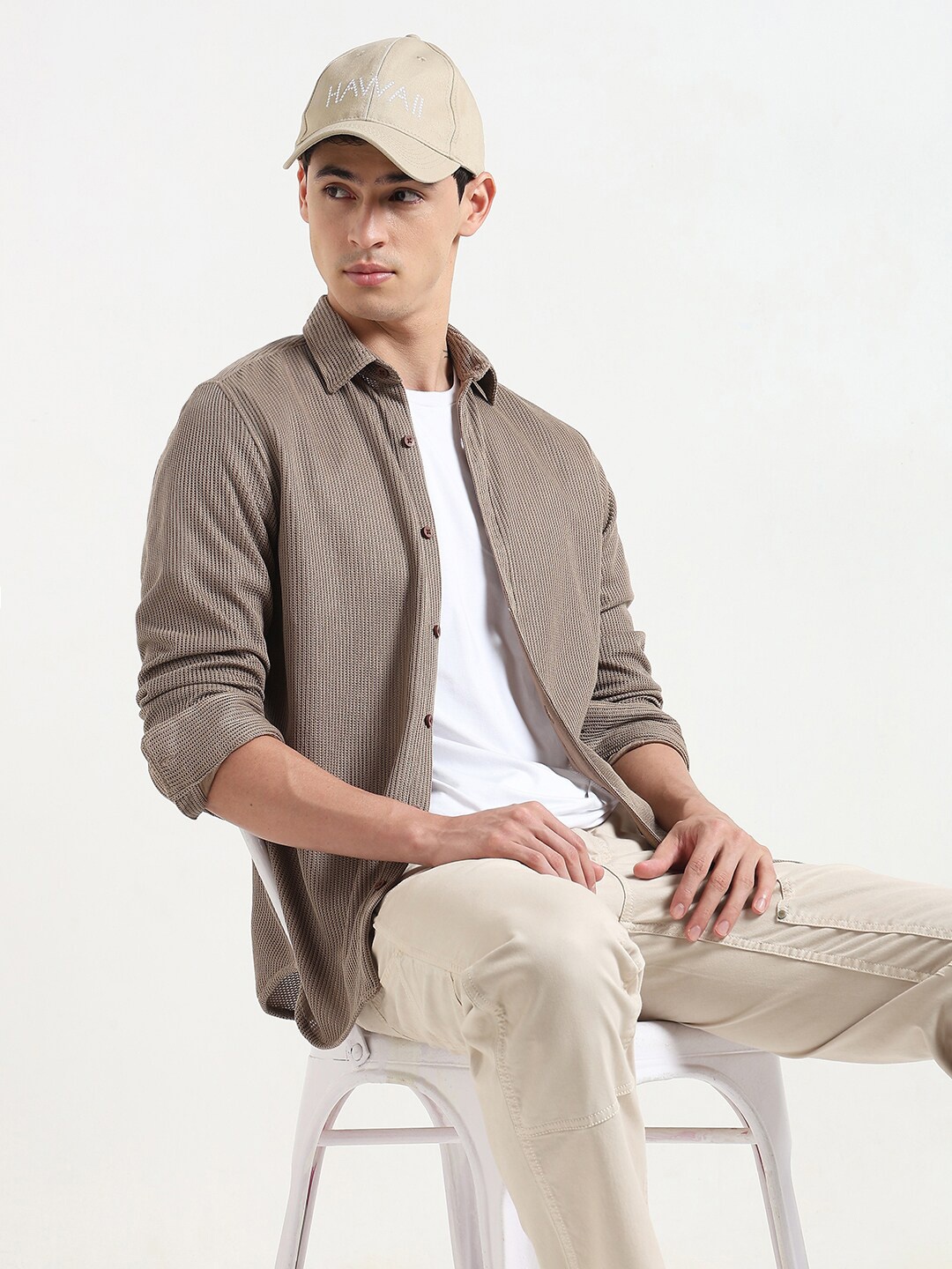 

R&B Self Design Spread Collar Casual Shirt, Brown