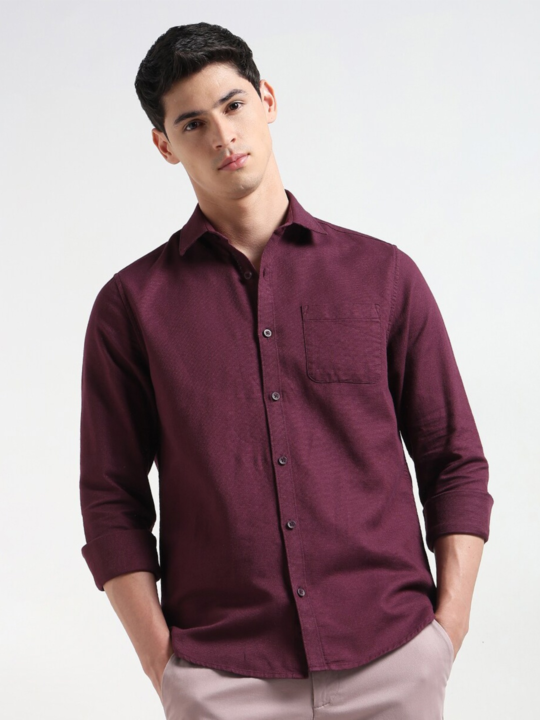 

R&B Self Design Spread Collar Cotton Casual Shirt, Burgundy