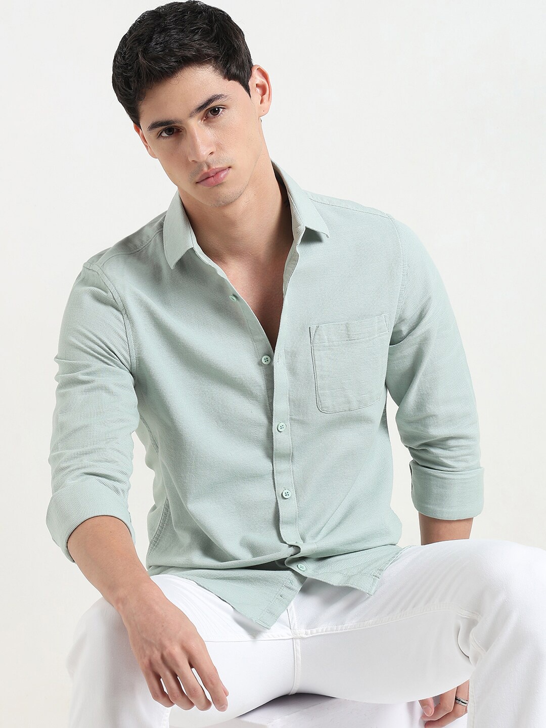 

R&B Self Design Spread Collar Cotton Casual Shirt, Green