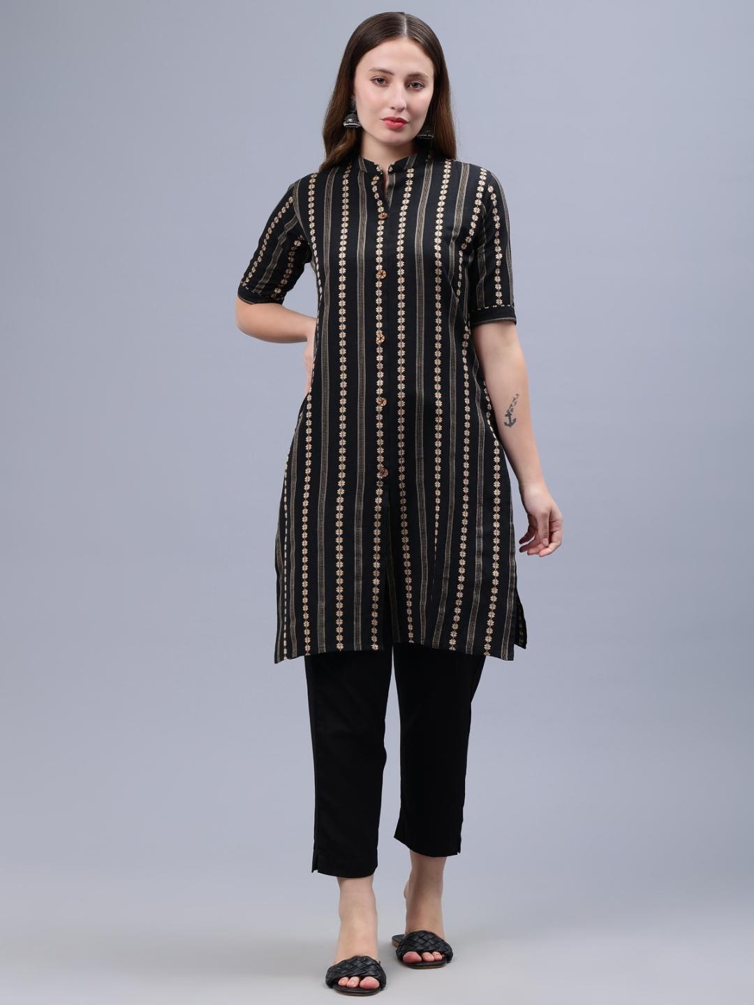 

FASHIRE Floral Printed Mandarin Collar Straight Kurta, Black