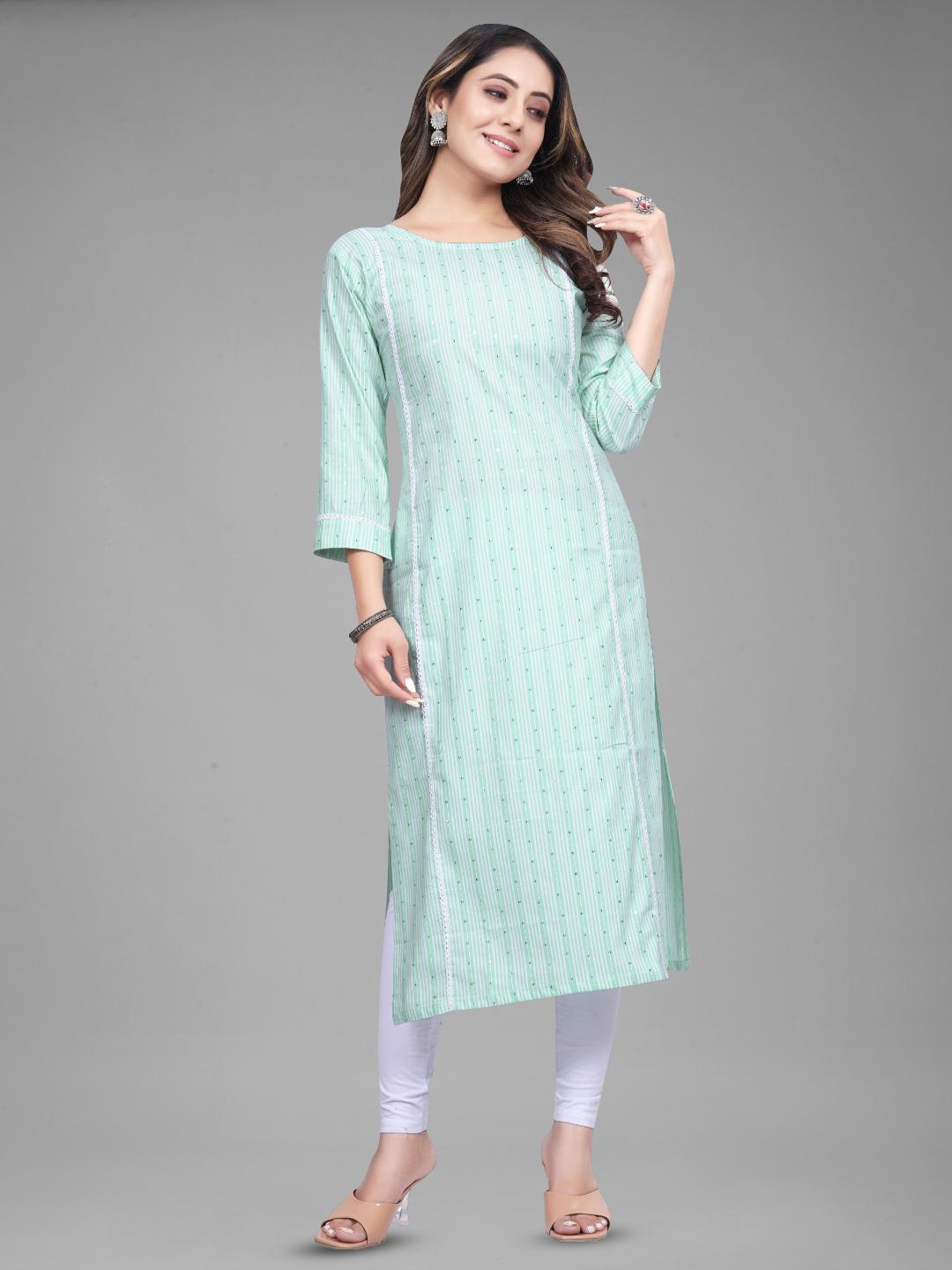 

FASHIRE Striped Printed Straight Kurta, Green