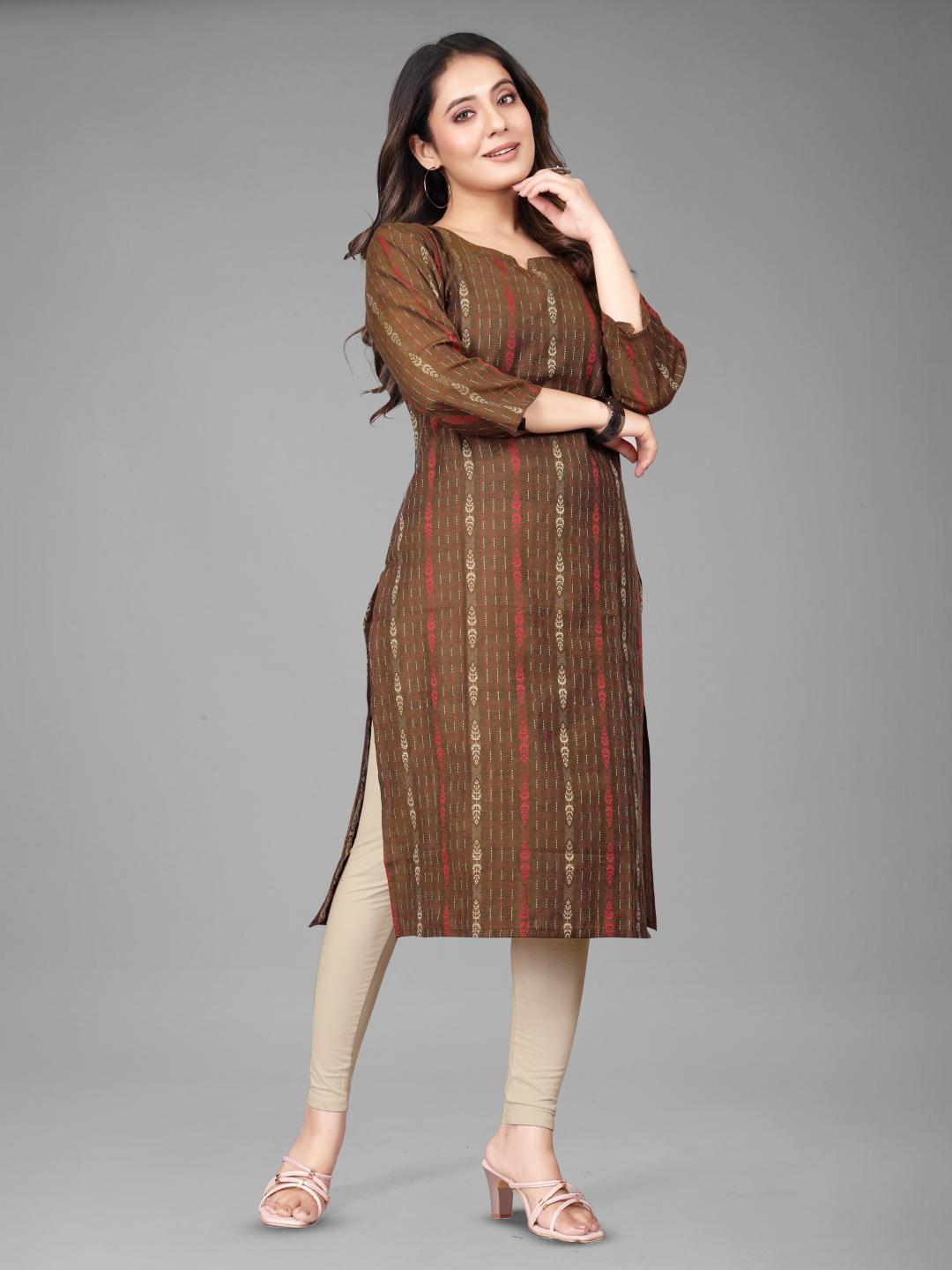 

FASHIRE Straight woven design cotton Kurta, Brown