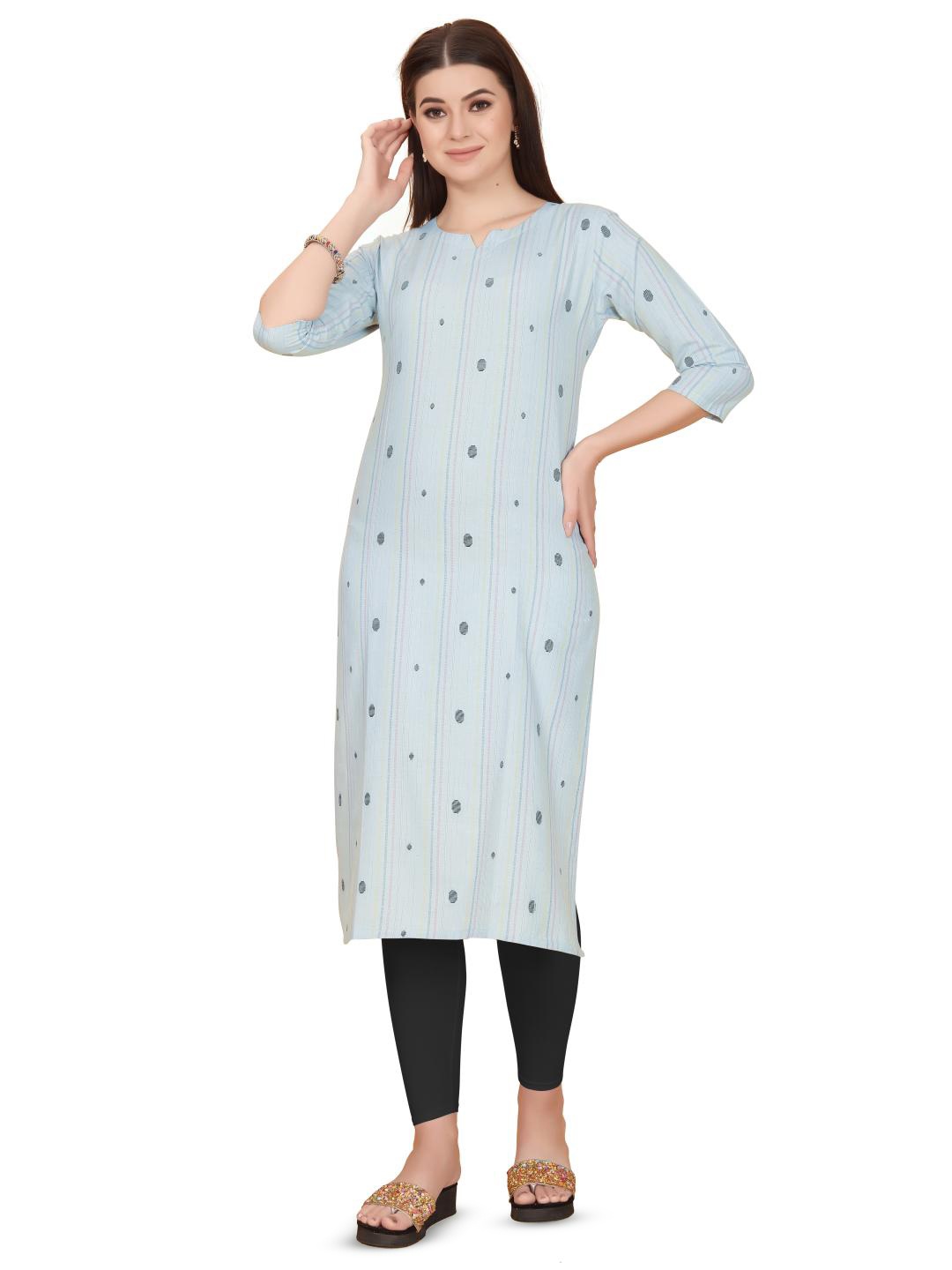 

FASHIRE Woven-Design Striped Printed Straight Kurta, Blue