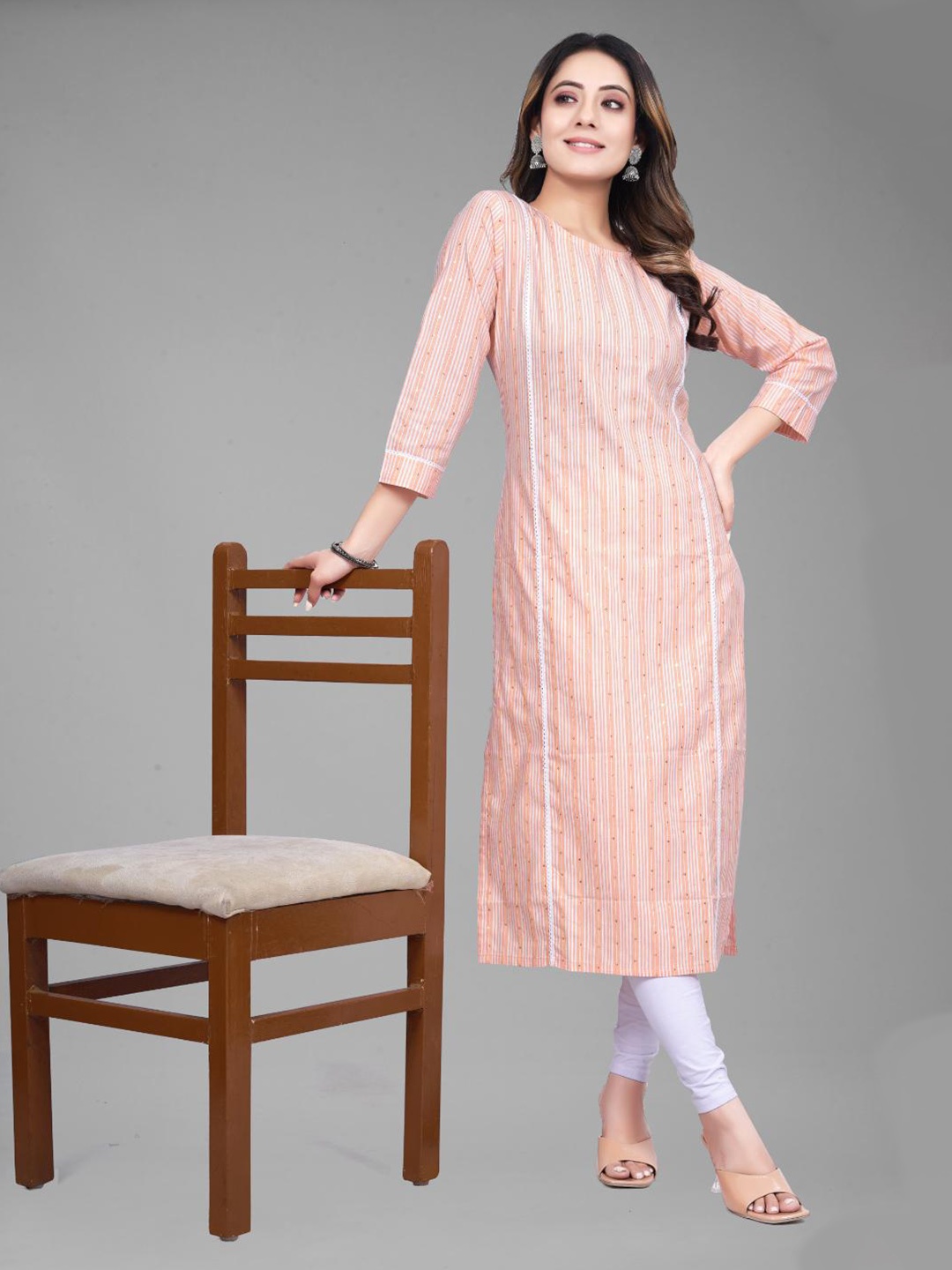 

FASHIRE Striped Sequinned Straight Kurta, Orange