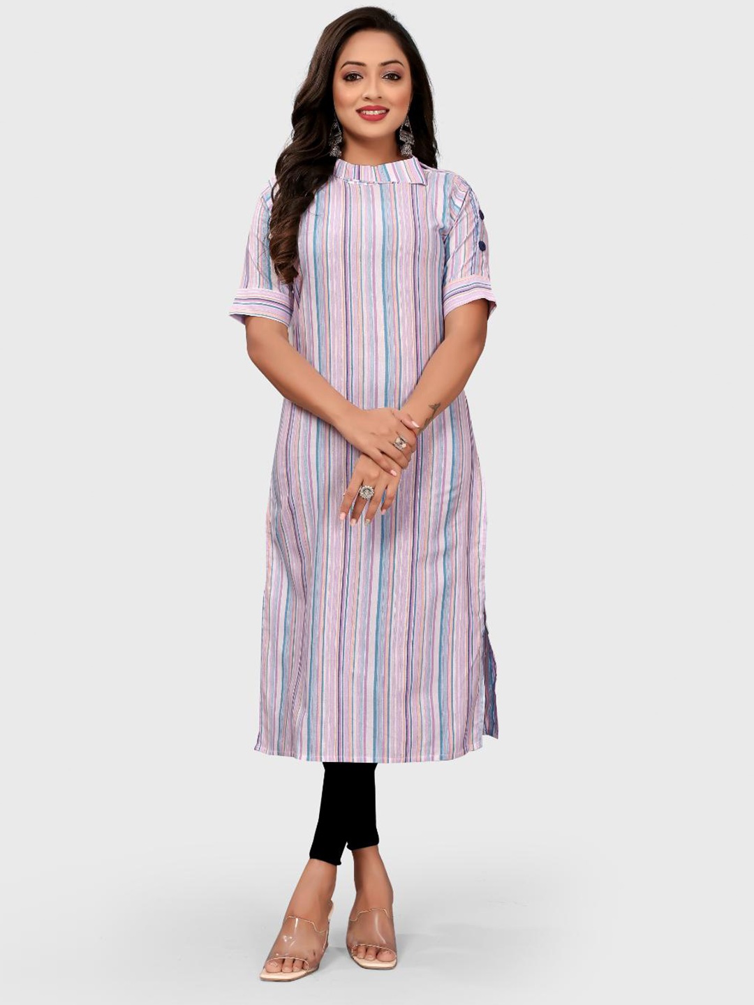 

FASHIRE Printed Striped Straight Kurta, Blue