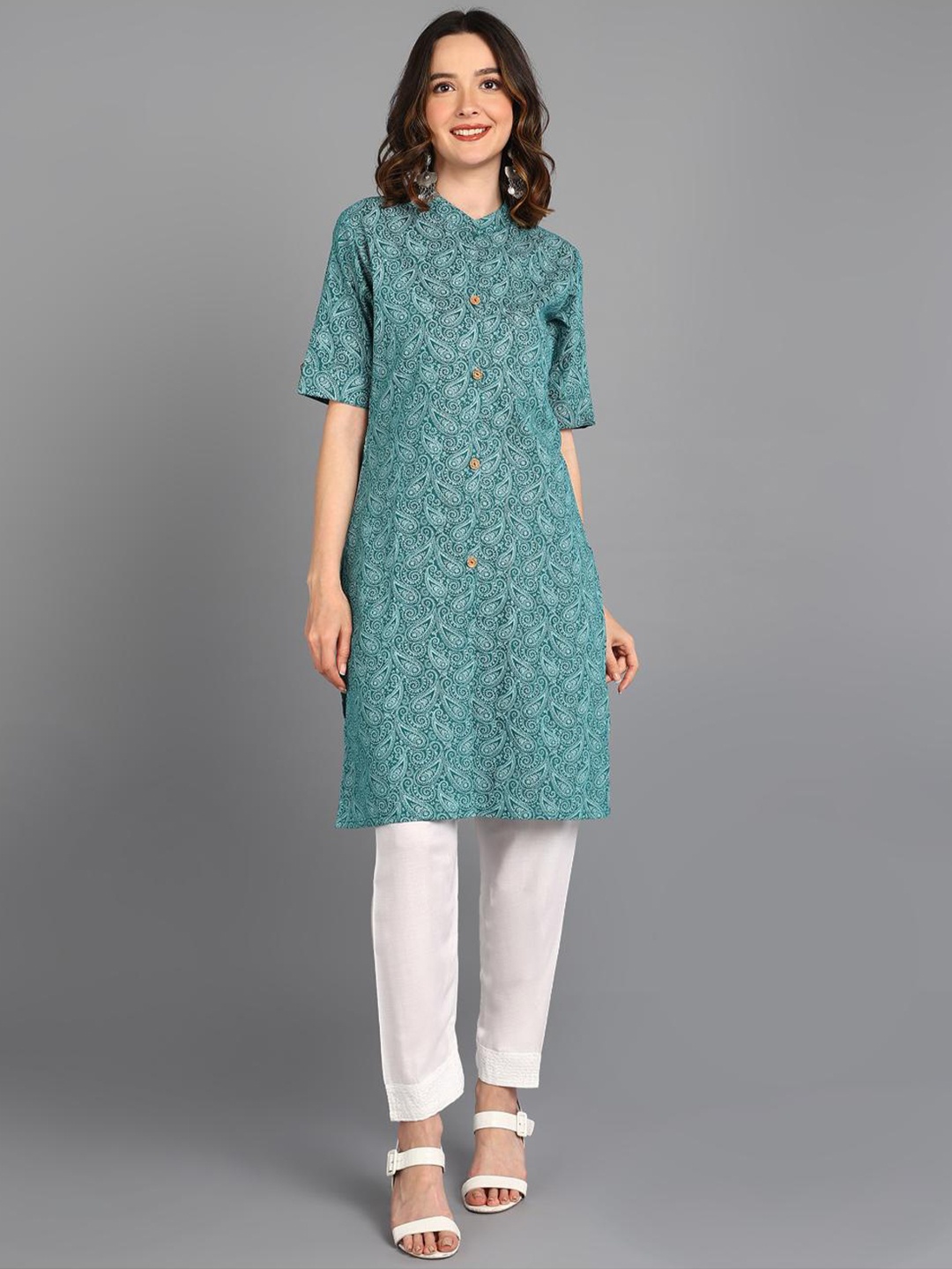 

FFASHIRE Paisley Printed Straight Kurta, Teal