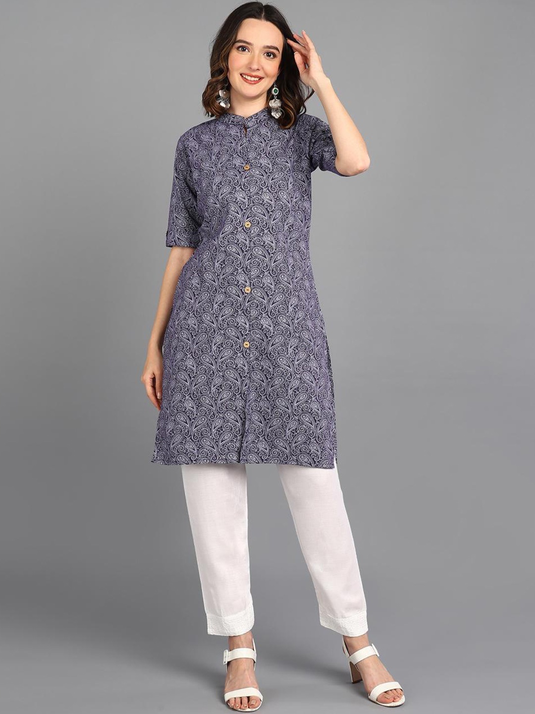 

FASHIRE Ethnic Motifs Printed Mandarin Collar Straigth Kurta, Navy blue