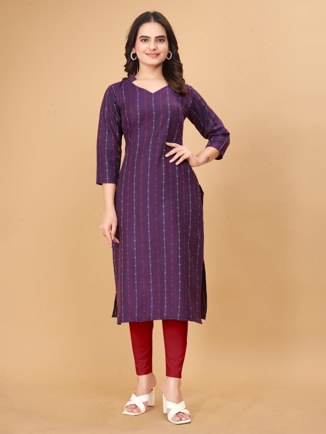 

FASHIRE Striped Woven-Design Straight Kurta, Purple