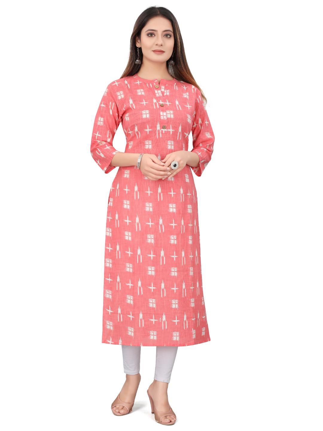 

FASHIRE Geometric Printed Mandarin Collar Cotton Straigth Kurta, Peach