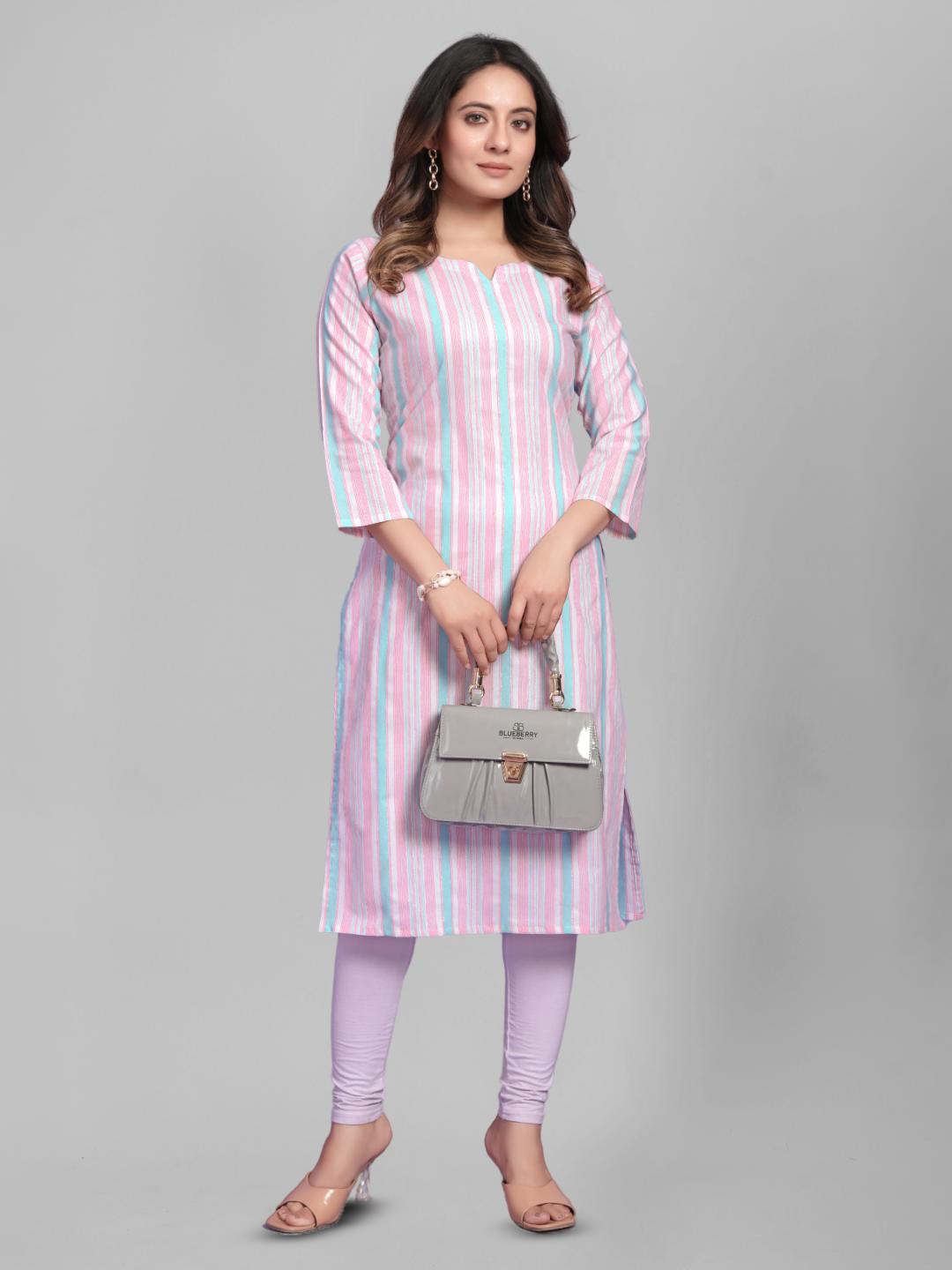 

FASHIRE Women Striped Round Notched Neck Kurti, Pink