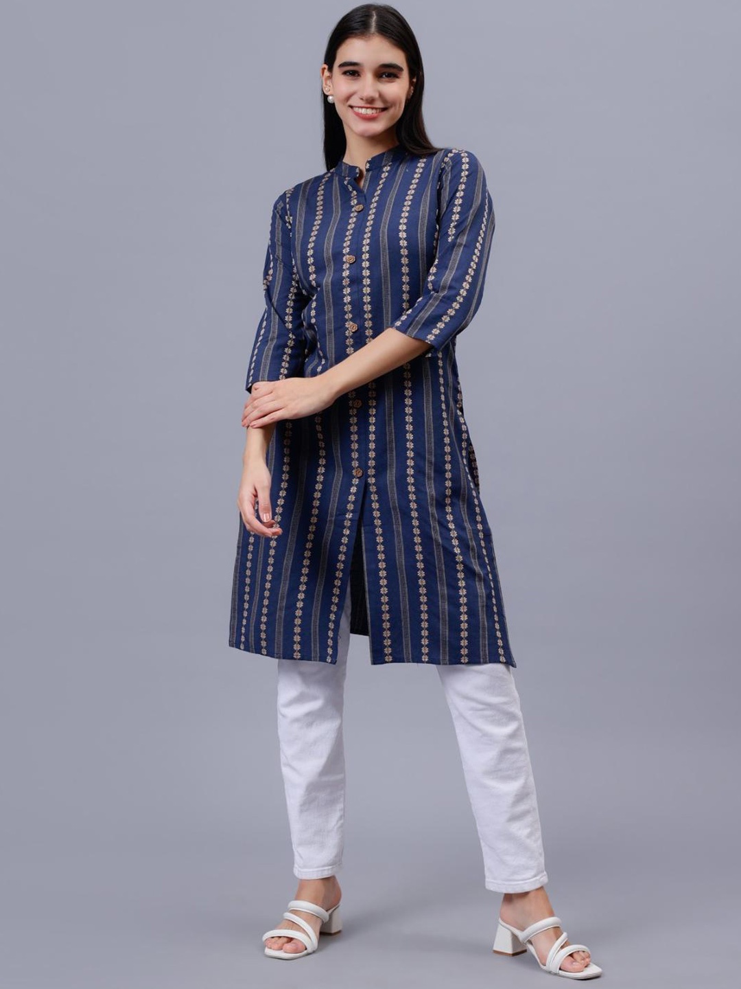 

FASHIRE Women Striped Mandarin Neck Kurti, Blue