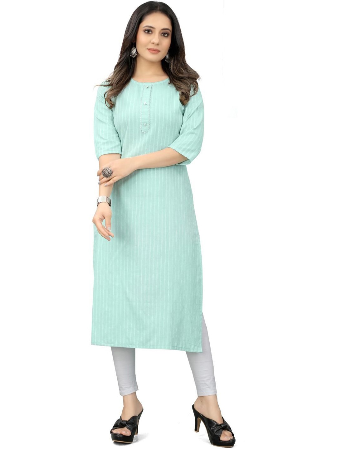 

FFASHIRE Printed Striped Straight Kurta, Teal
