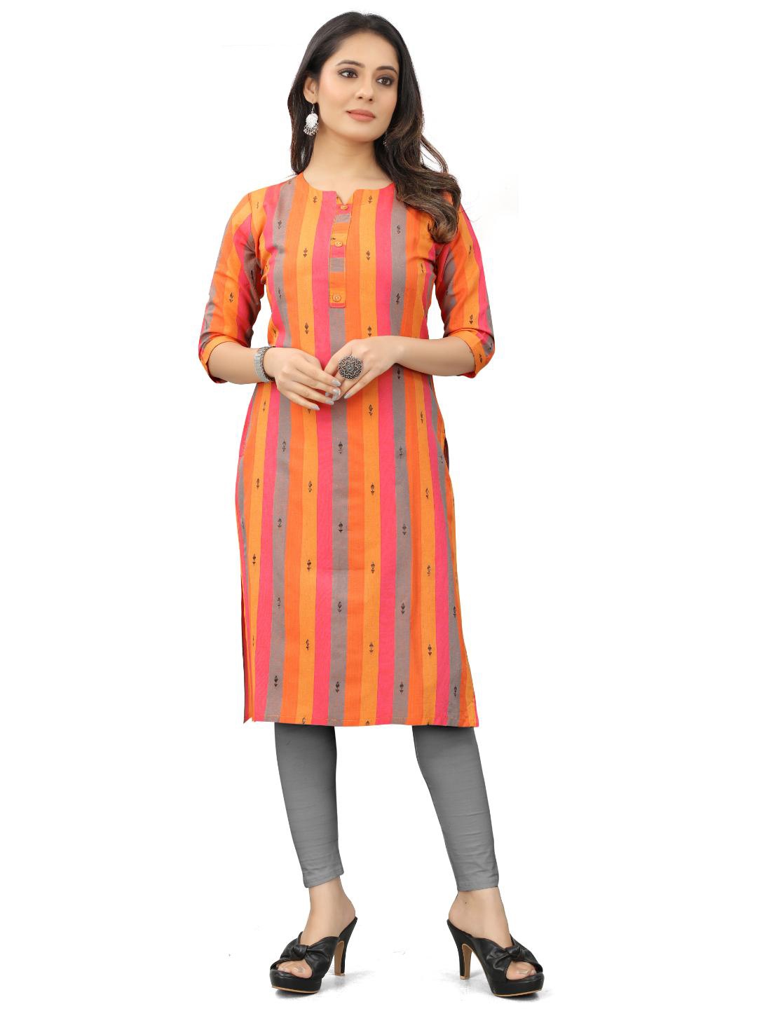 

FASHIRE Woven-Design Striped Straight Kurta, Orange