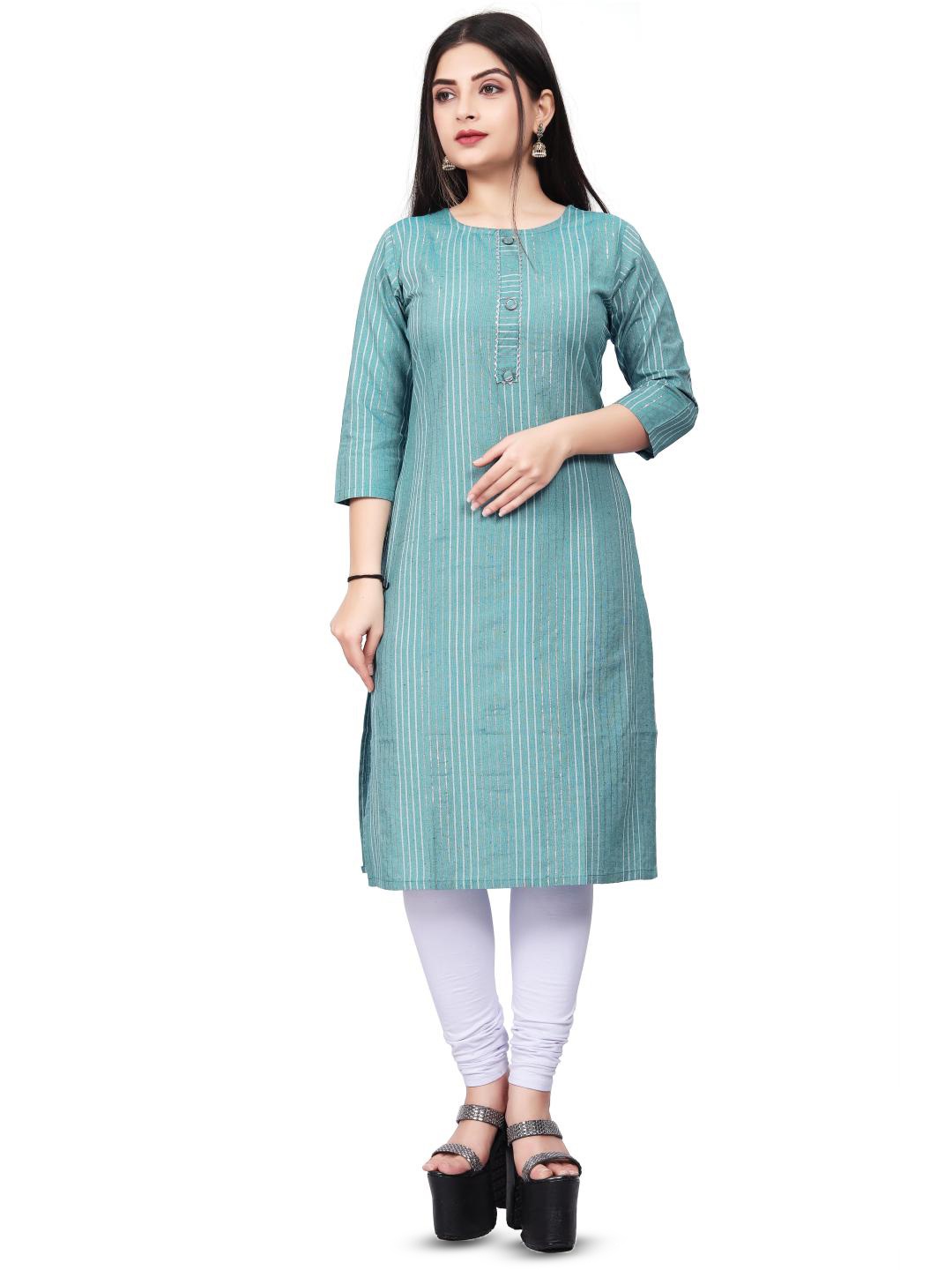 

FASHIRE Striped Gotta Patti Round Neck Cotton Straight Kurta, Teal