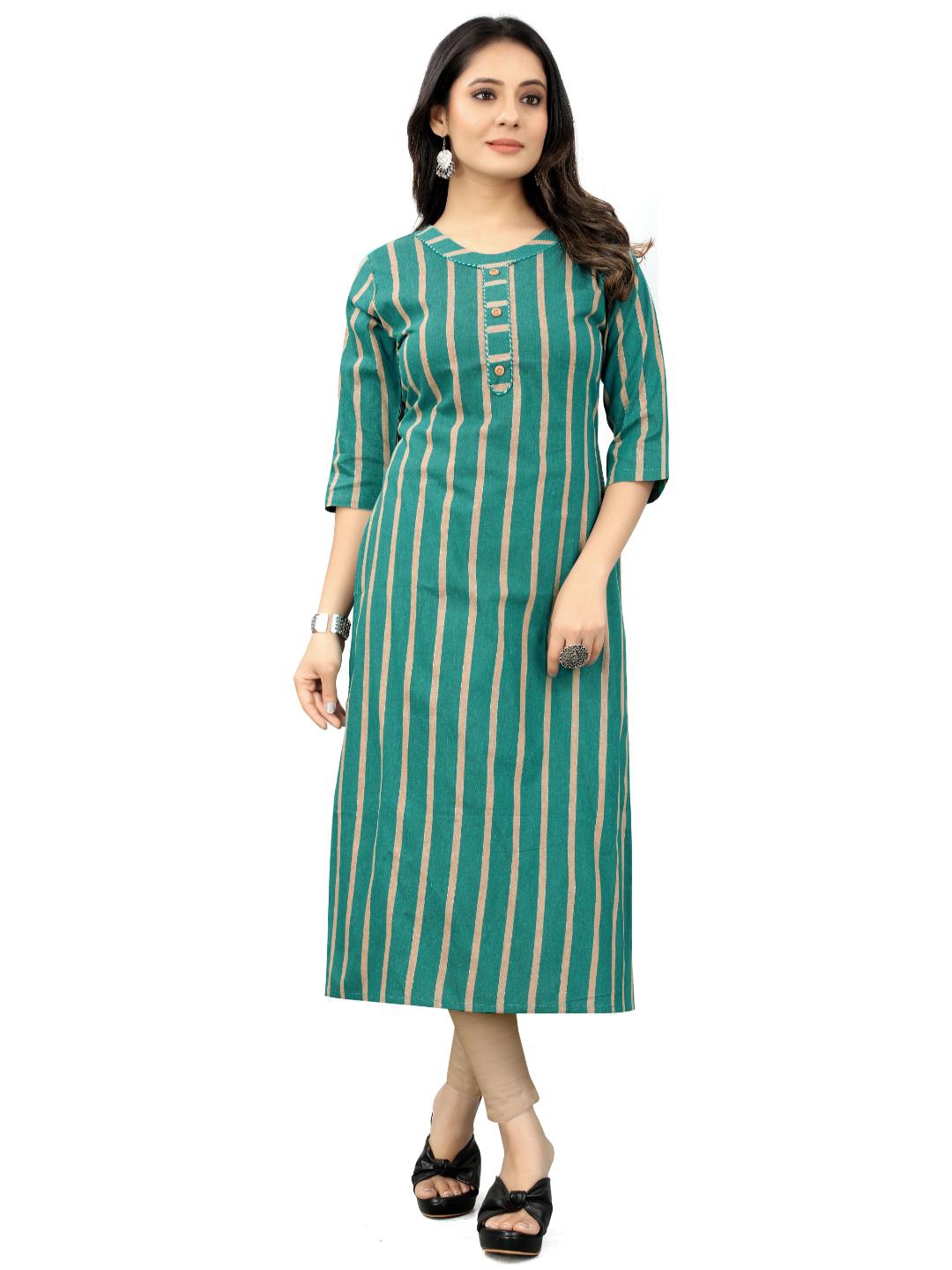 

FASHIRE Striped Round Neck Cotton Straight Kurta, Green