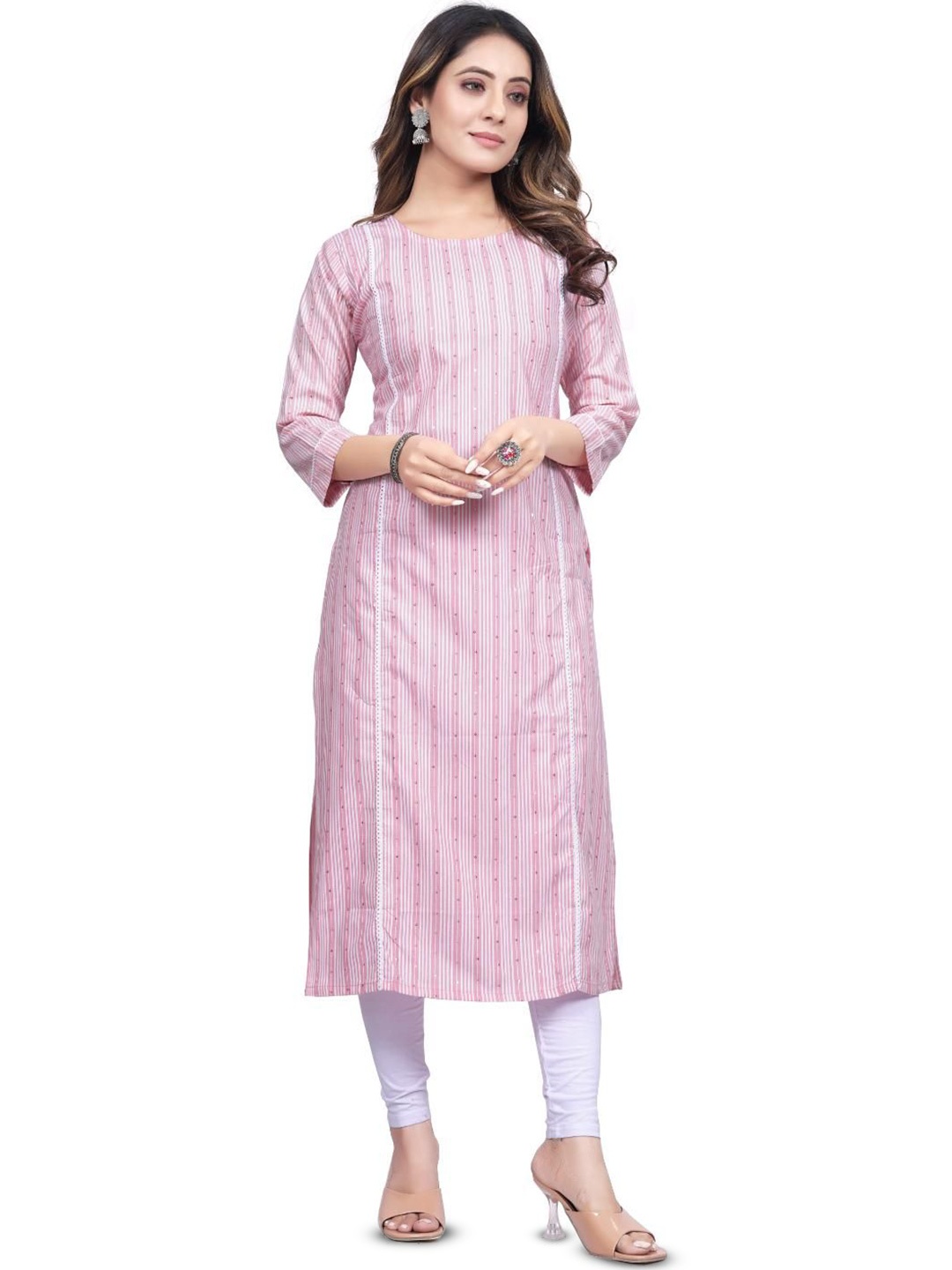 

FASHIRE Striped Embroidered Round Neck Cotton Straigth Kurta, Pink