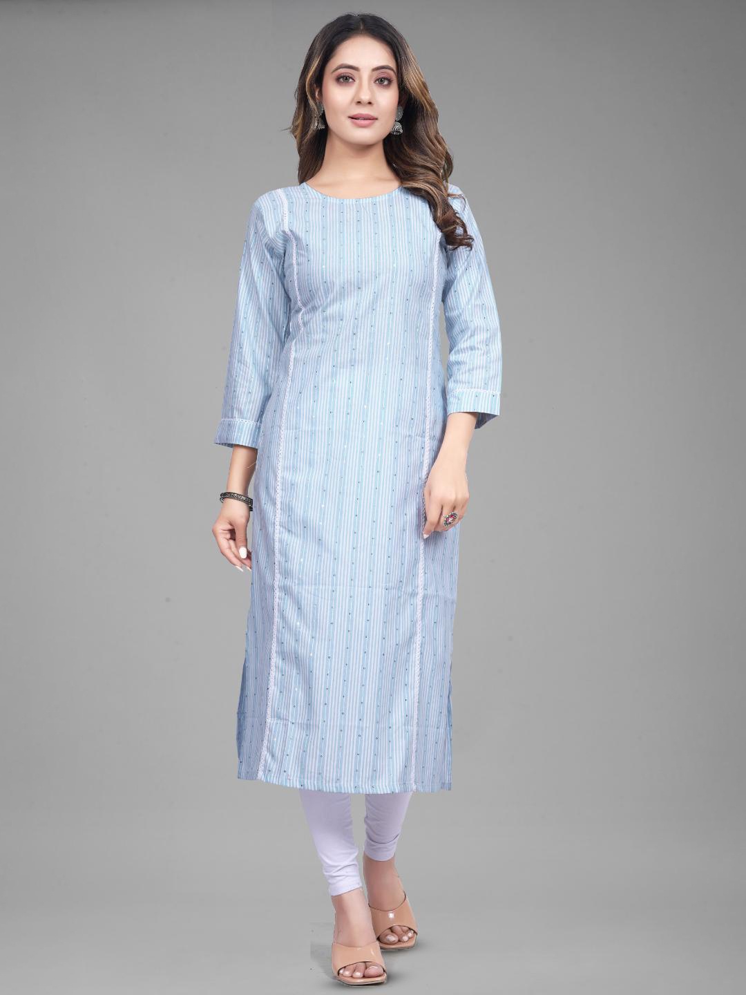 

FASHIRE Striped Sequinned Round Neck Straight Kurta, Blue