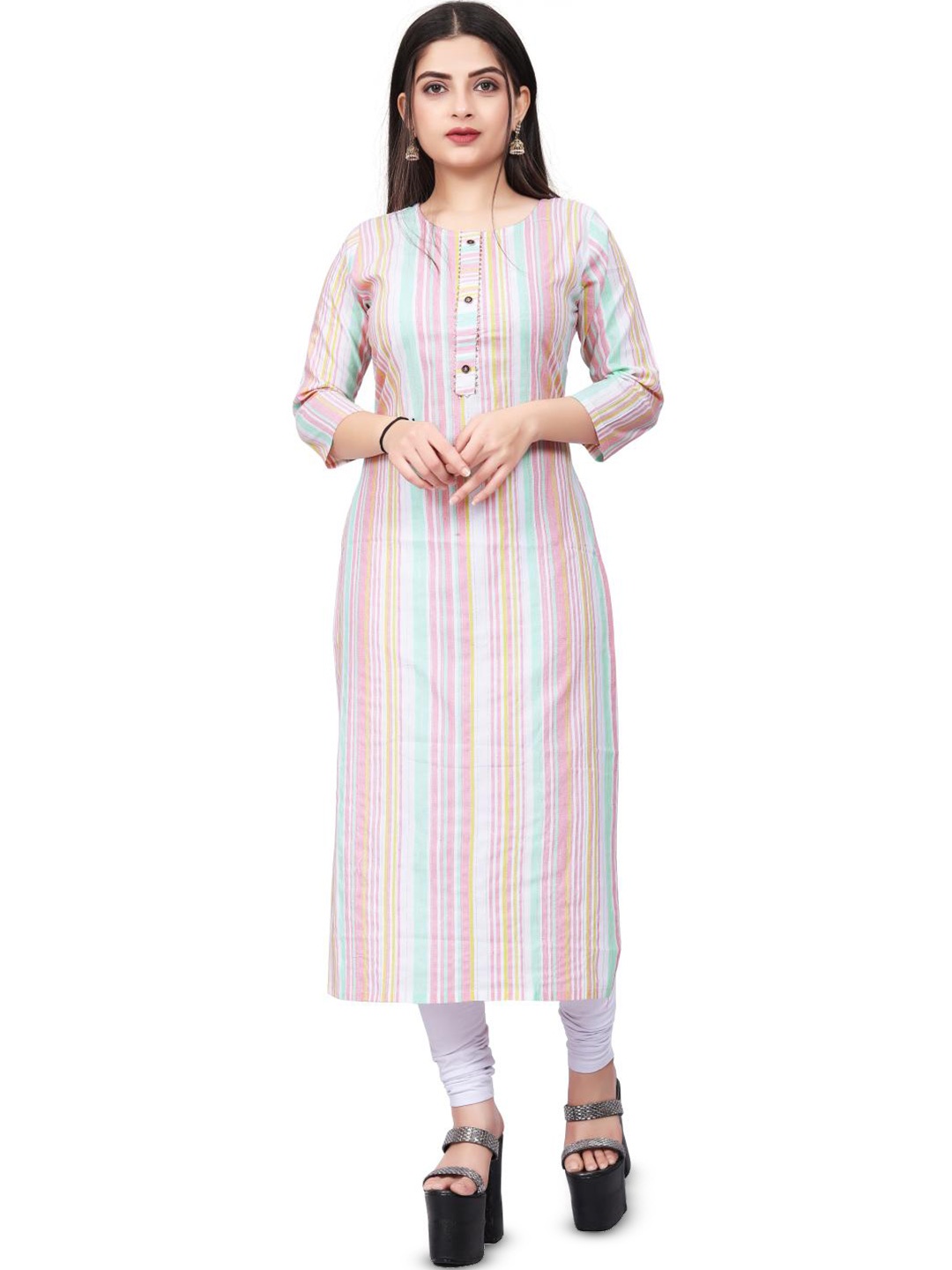 

FASHIRE Striped Three-Quarter Sleeves Straight Kurta, Pink
