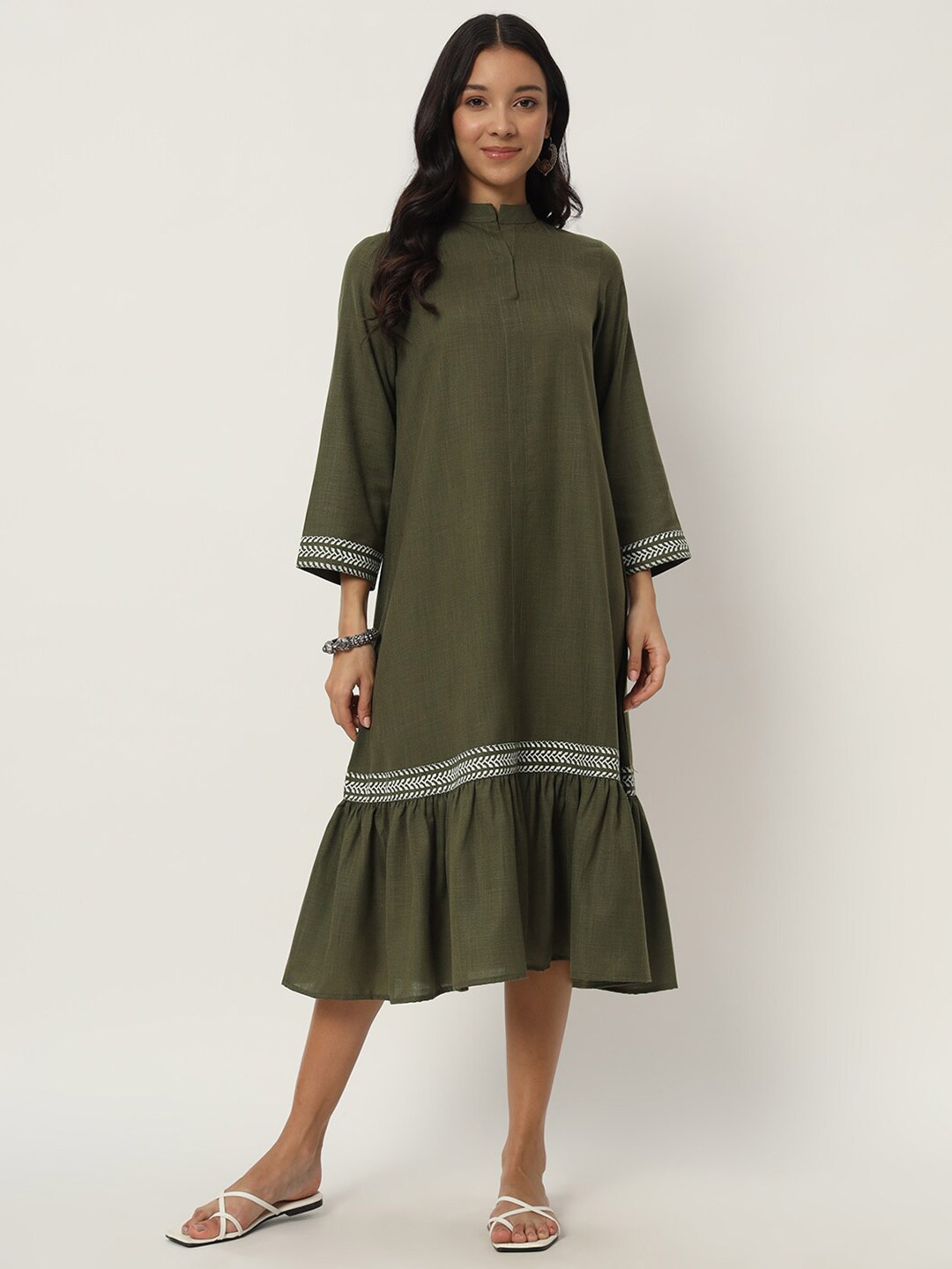 

9rasa Mandarin Collar Ruffled Cotton A-Line Midi Dress, Olive