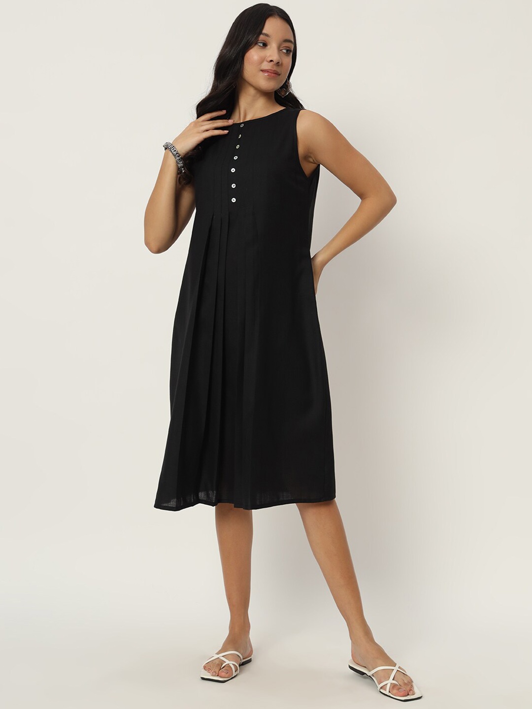 

9rasa Round Neck Cotton A-Line Dress, Black