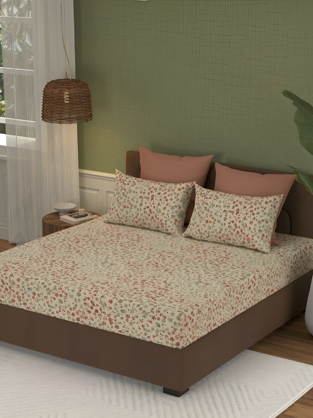 

MYTRIDENT Beige & Red Floral 144 TC Cotton King Bedsheet with 2 Pillow Covers
