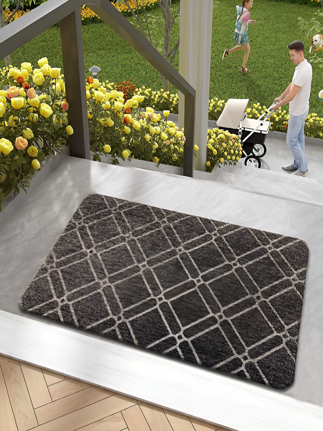 

LUXEHOME INTERNATIONAL Black Geometric Patterned Water-Resistant Doormat