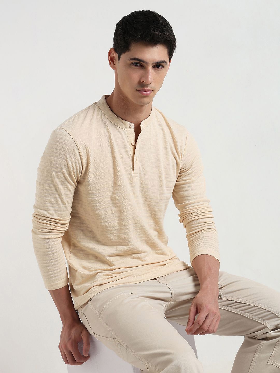 

R&B Striped Henley Neck Long Sleeves Regular Fit Cotton T-shirt, Beige
