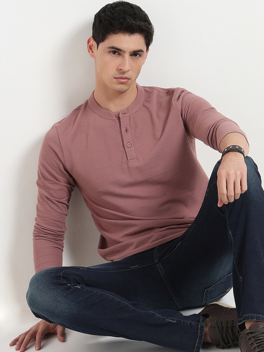 

R&B Henley Neck Long Sleeves Regular Fit Cotton T-shirt, Pink
