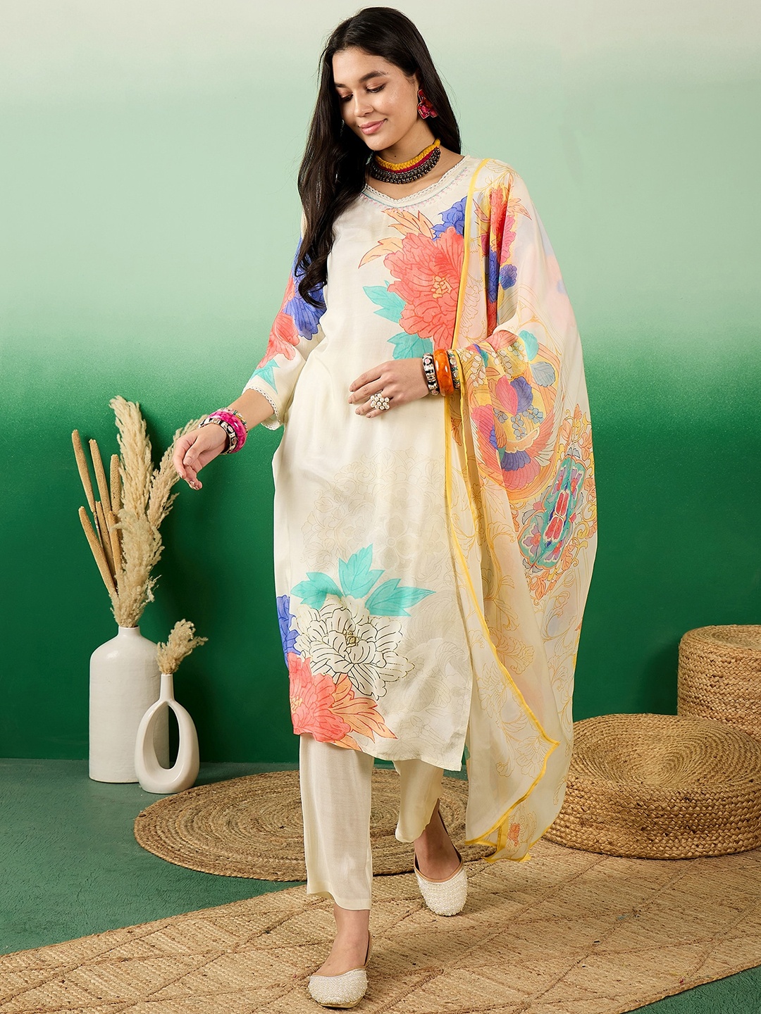 

Sangria Floral Printed V-Neck Pure Muslin Straight Kurta With Trousers & Dupatta, Off white