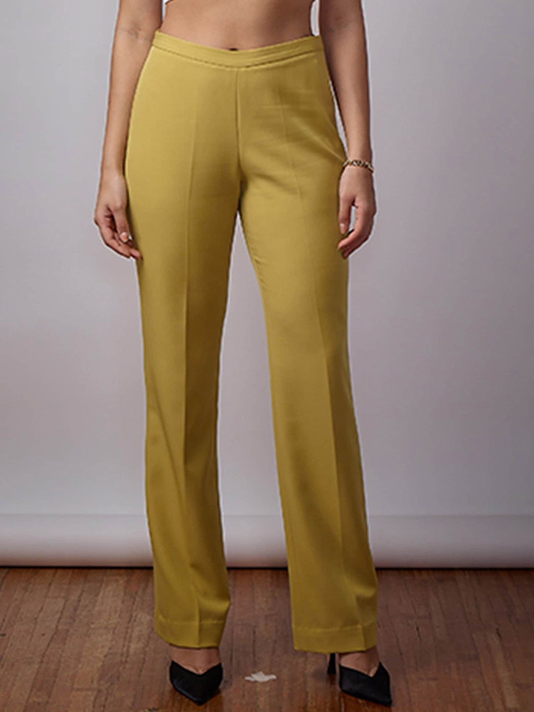 

SALT ATTIRE Women Tailored Straight Fit Mid-Rise Regular Trousers, Yellow