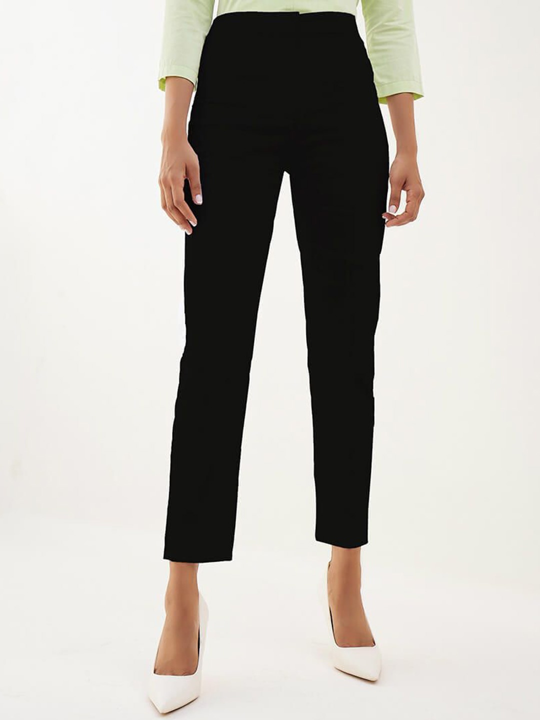 

SALT ATTIRE Women Tailored Slim Fit Mid-Rise Regular Trousers, Black
