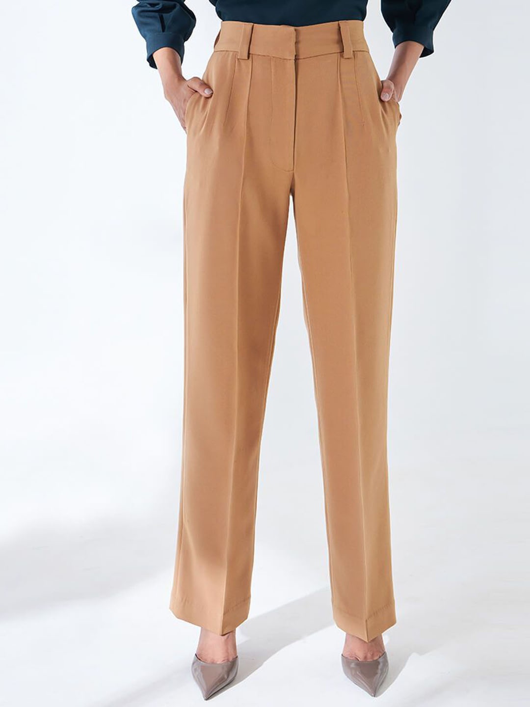 

SALT ATTIRE Women Tailored Straight Fit High-Rise Trousers, Beige