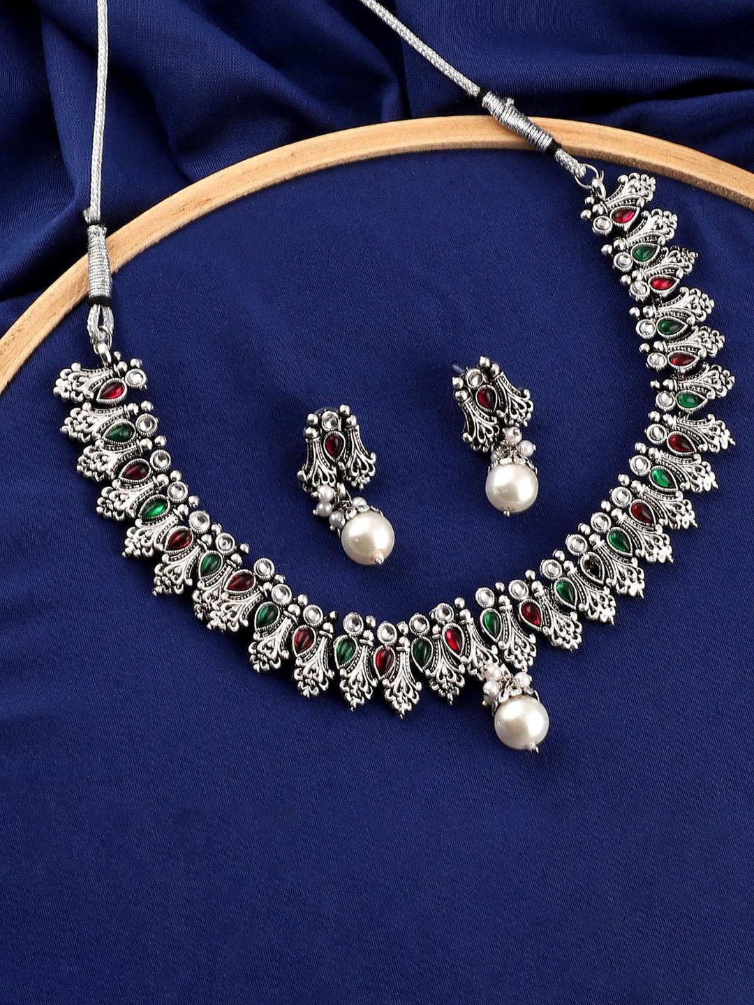 

MANSIYAORANGE Silver-PlatedKundan-Studded & Beaded Jewellery Set