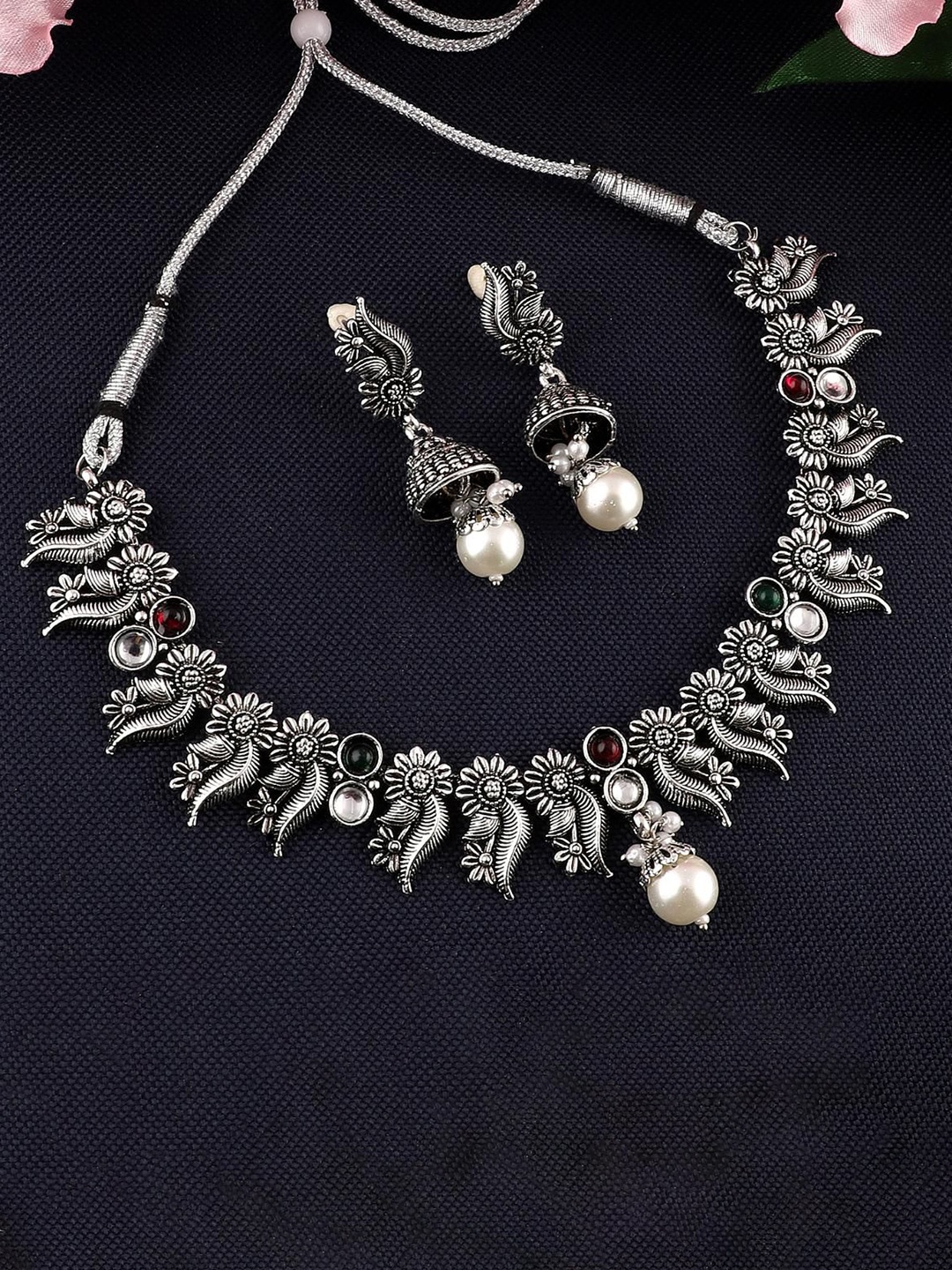 

MANSIYAORANGE Silver-Plated Artificial Stones Studded & Pearls Beaded Jewellery Set