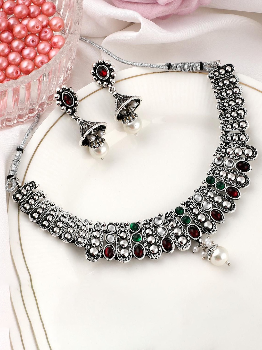 

MANSIYAORANGE Silver-Plated Artificial Stones Studded & Beaded Jewellery Set