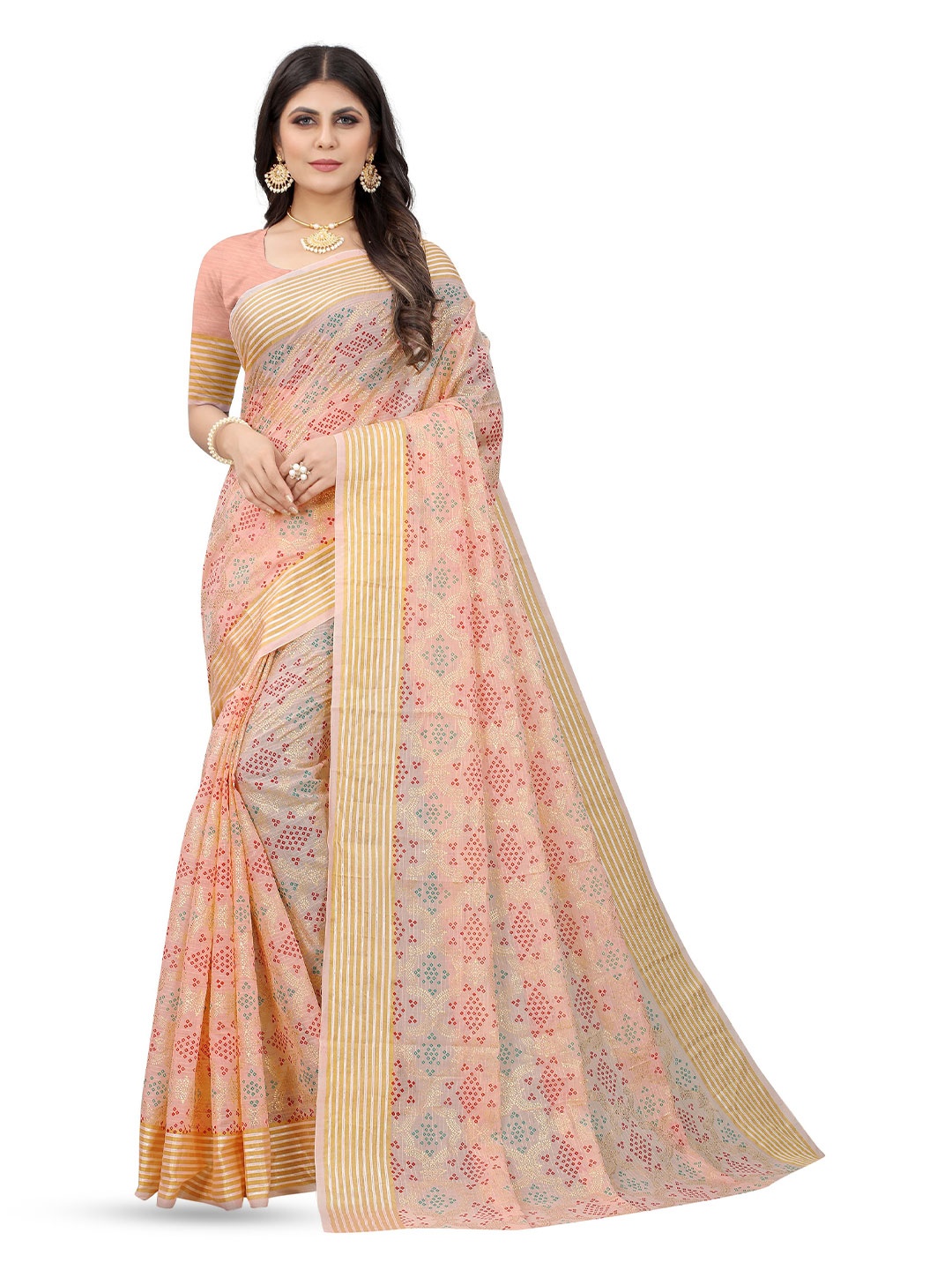 

KALINI Bandhani Zari Pure Cotton Handloom Banarasi Saree, Peach