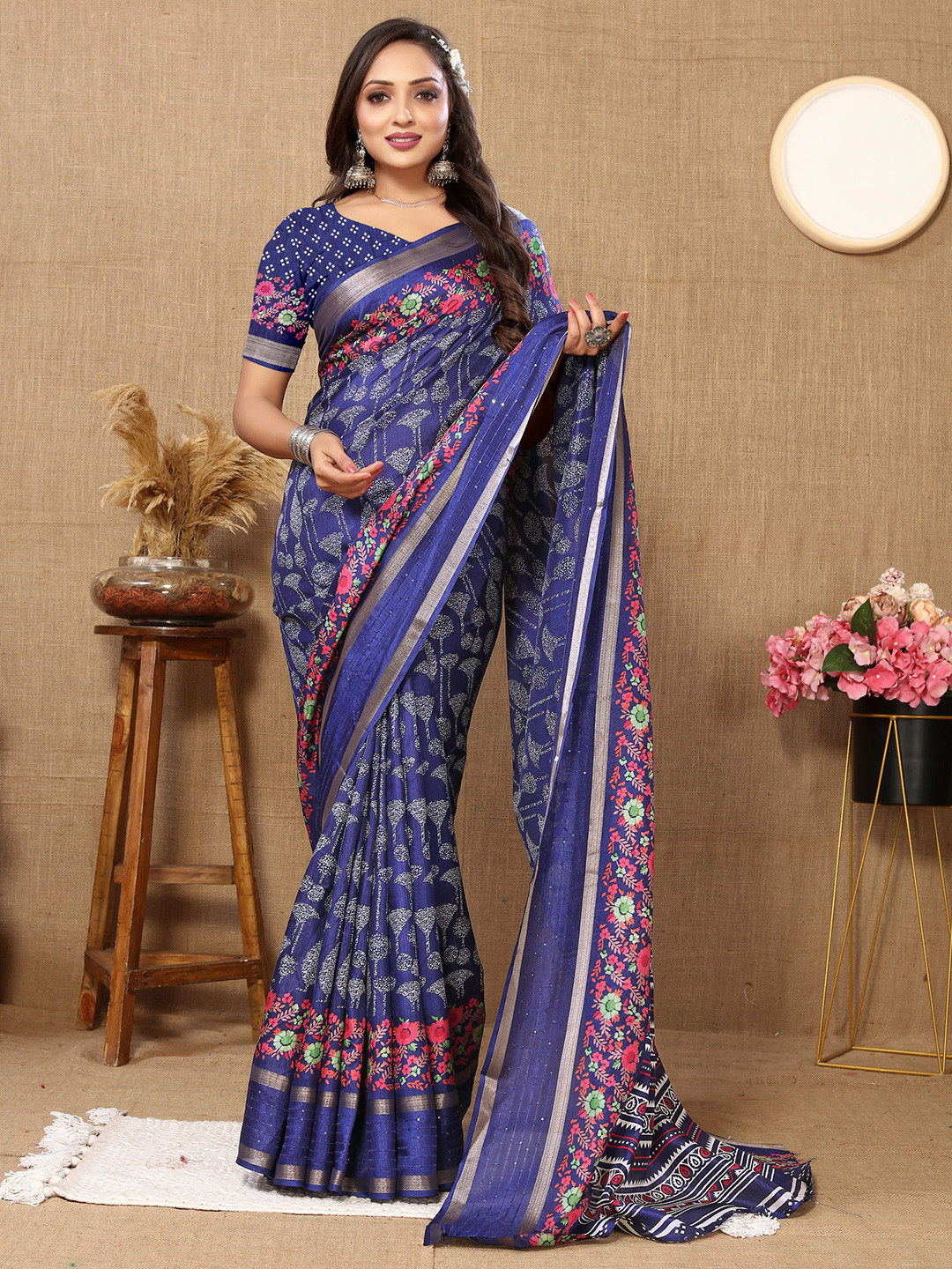 

KALINI Floral Sequinned Art Silk Banarasi Saree, Blue