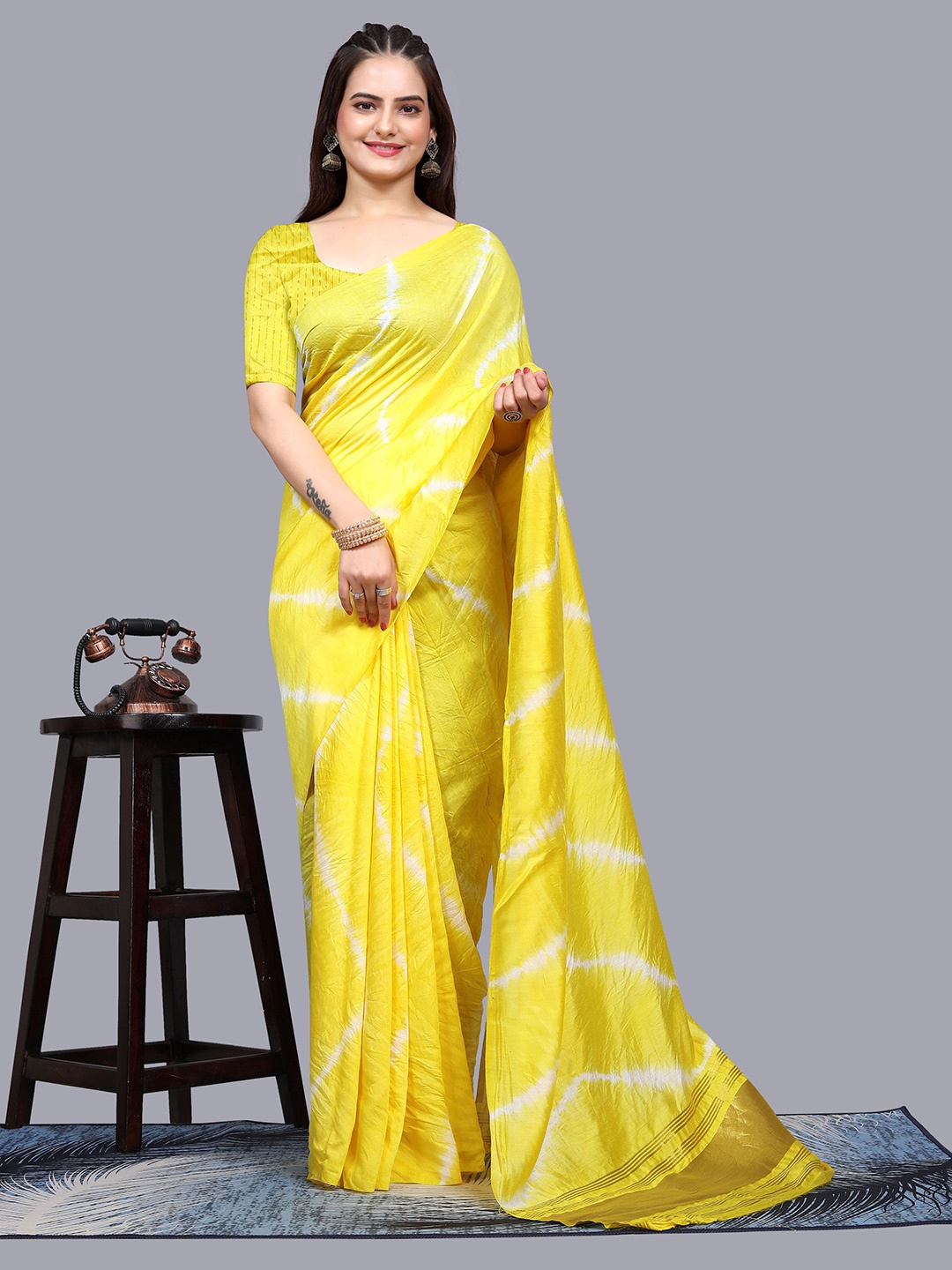 

KALINI Tie and Dye Lehariya Zari Pure Cotton Saree, Yellow