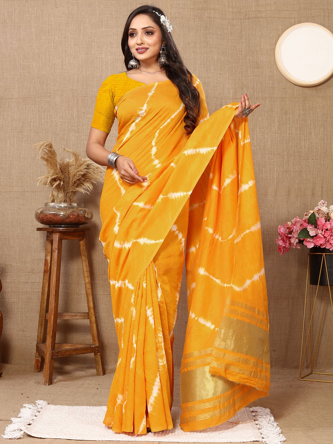 

KALINI Tie and Dye Zari Pure Cotton Saree, Orange