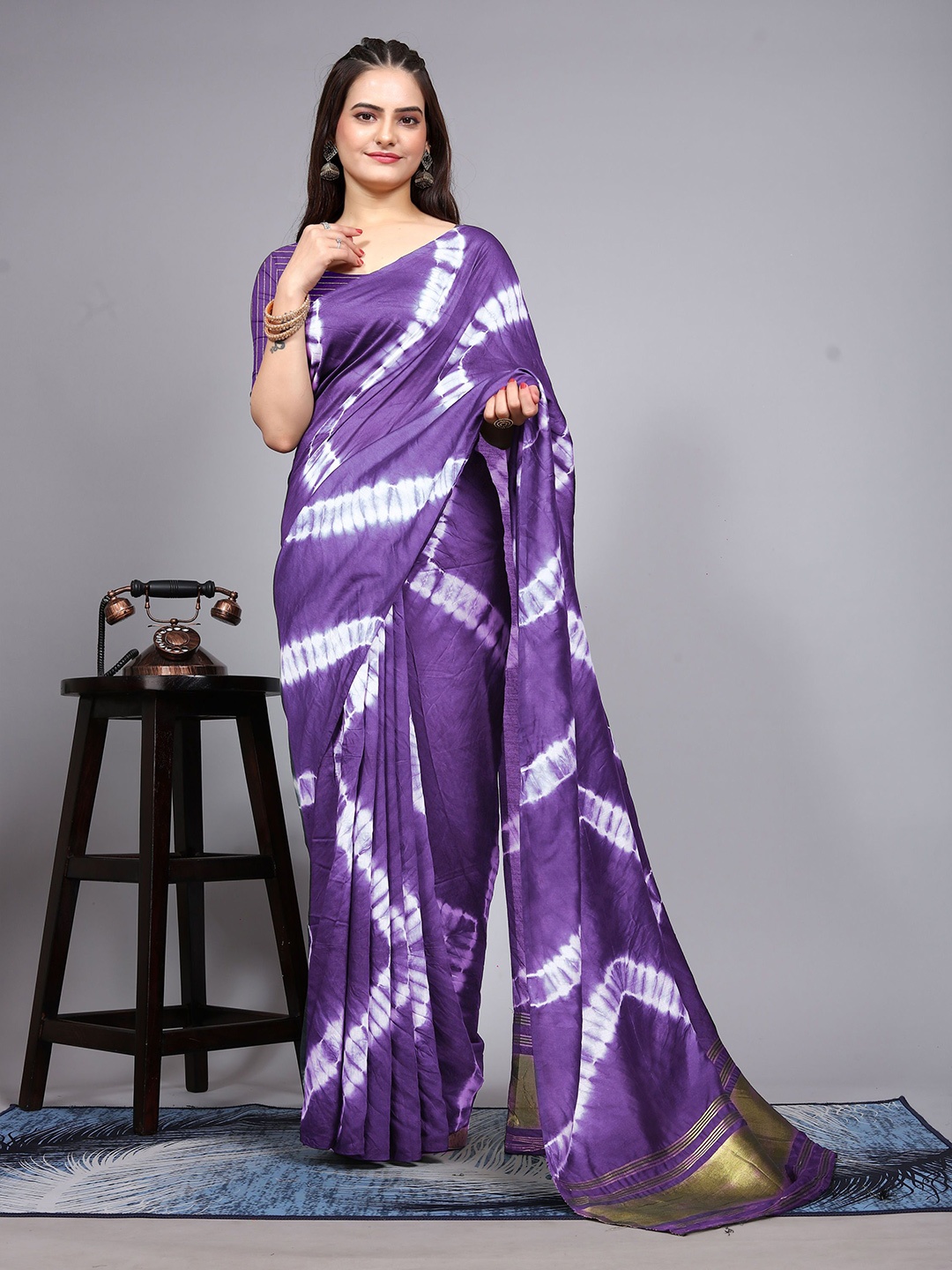 

KALINI Tie and Dye Zari Pure Cotton Banarasi Saree, Purple