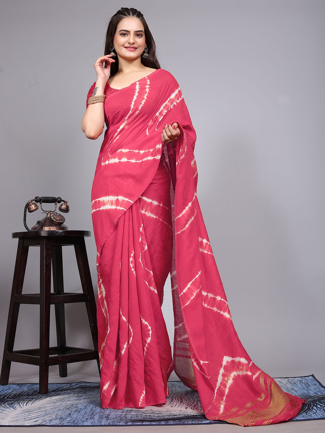 

KALINI Tie and Dye Zari Pure Cotton Saree, Pink