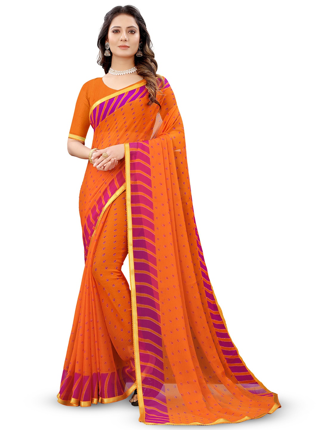 

KALINI Ethnic Motifs Pure Chiffon Jamdani Saree, Orange